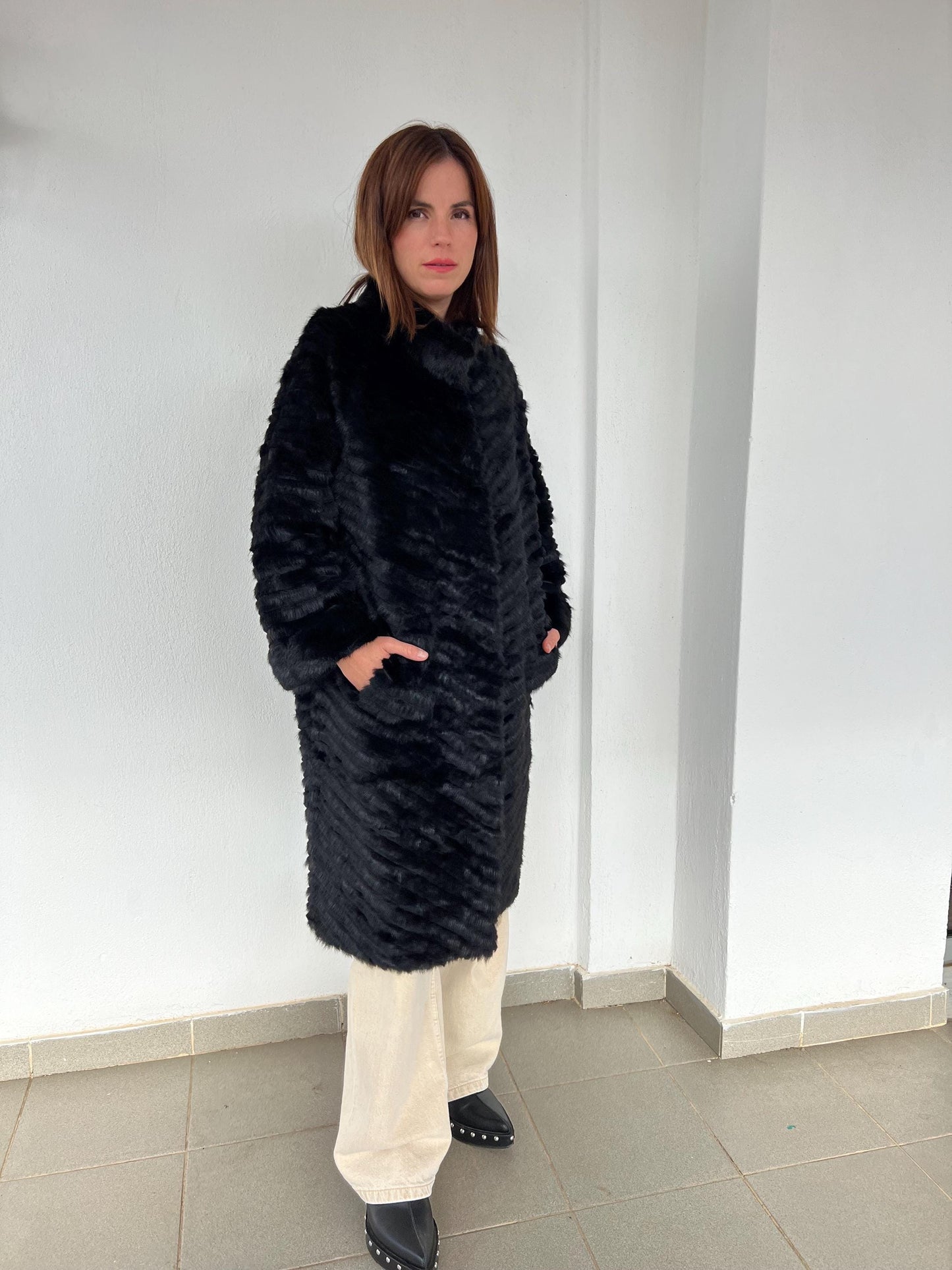 Handwoven Black Mink Fur Coat - Wool Lined Jacket