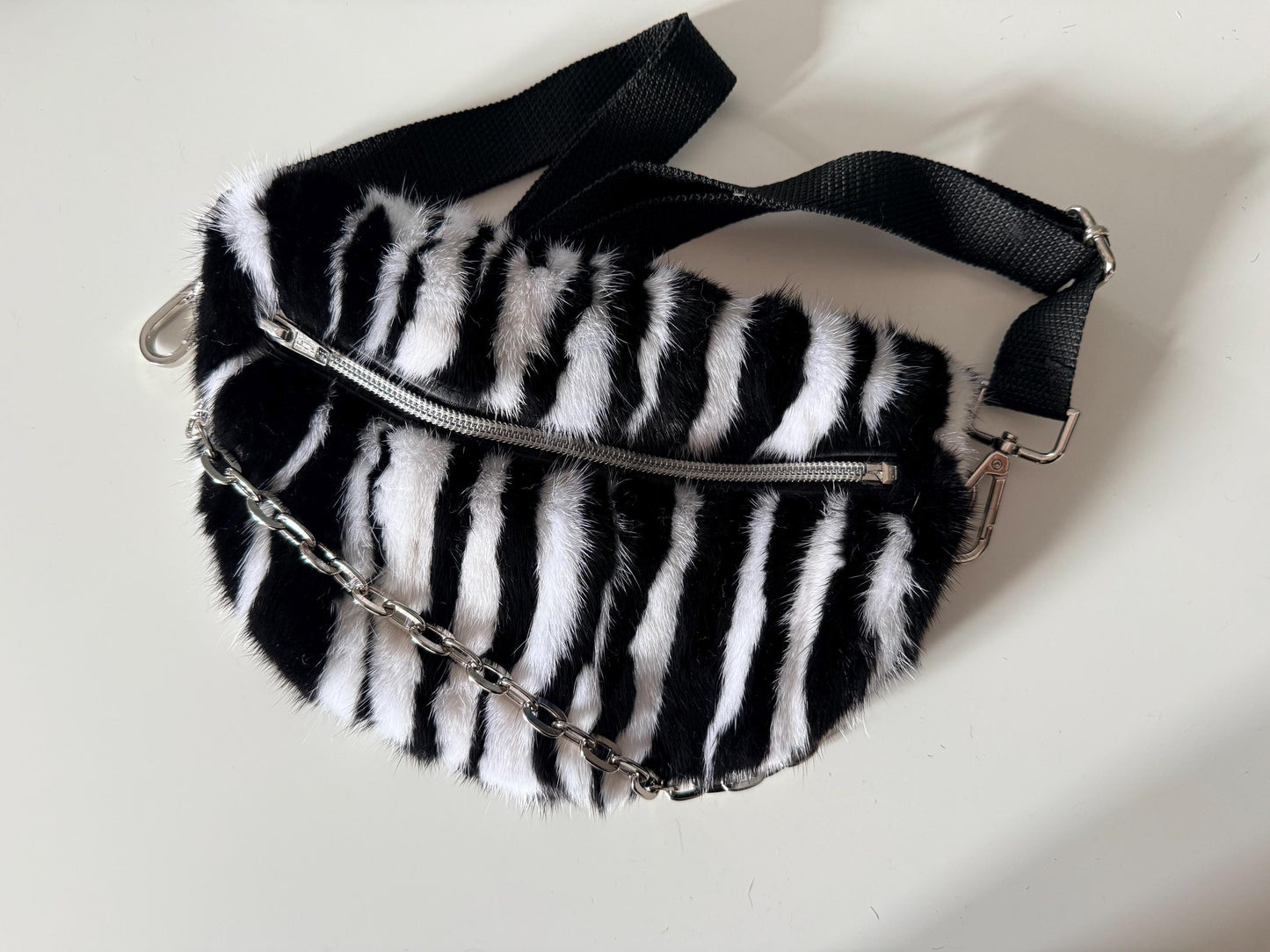 Black and white Mink Fur Bumbag with Chain: Luxury Fanny Pack