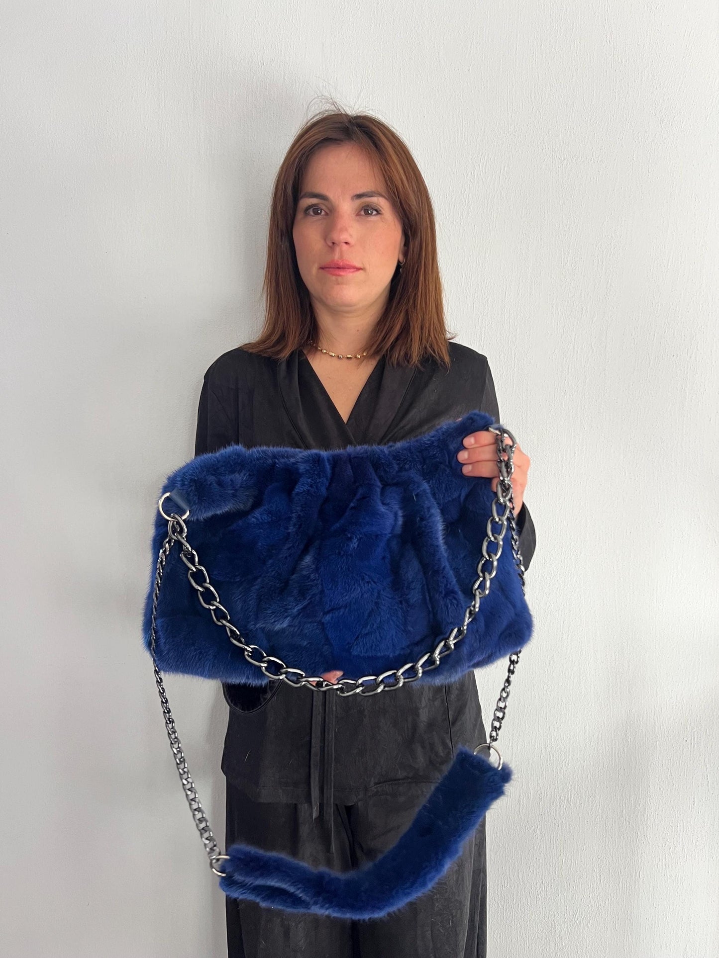 Navy Mink Fur Slouch Bag: Handmade grey Strap Crossbody
