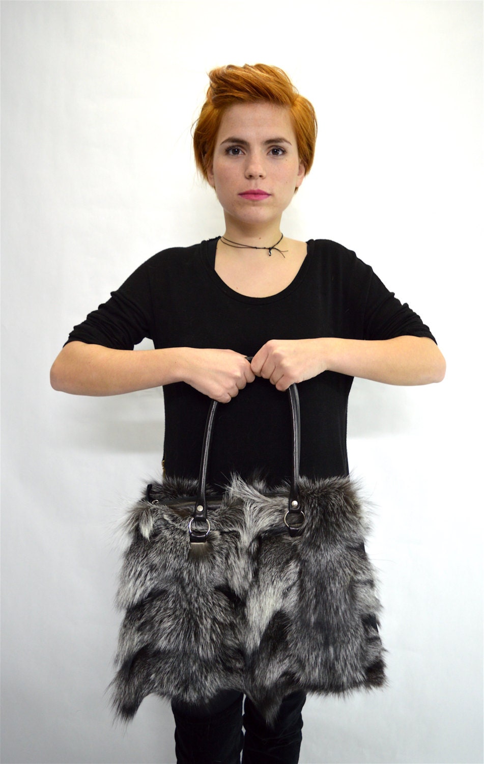 Silver Fox Fur Handbag: Leather Laptop Bag, grey shoulder bag.