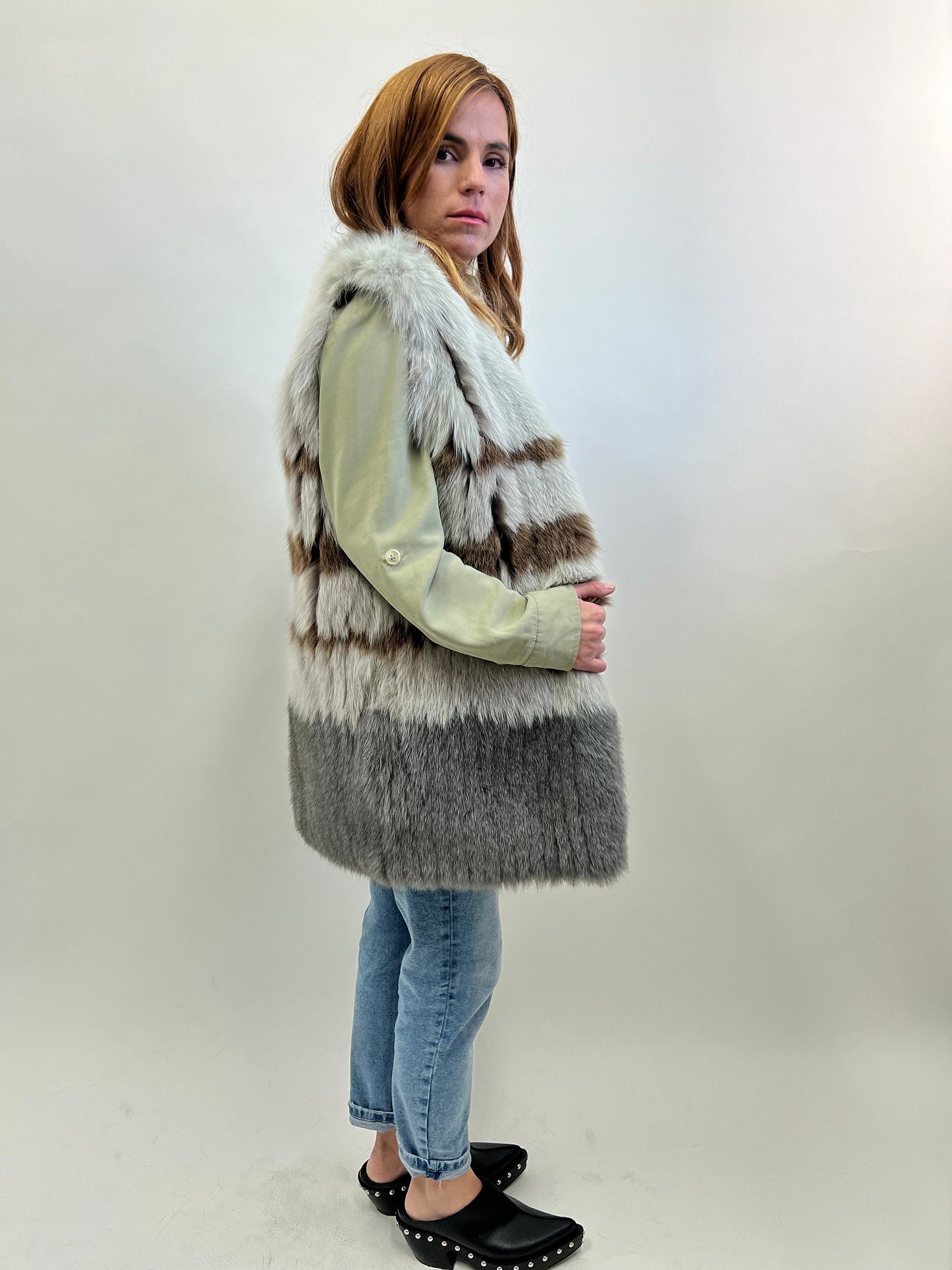 Real Fox Fur Vest: Three-Tone Leather Trim, Size Small