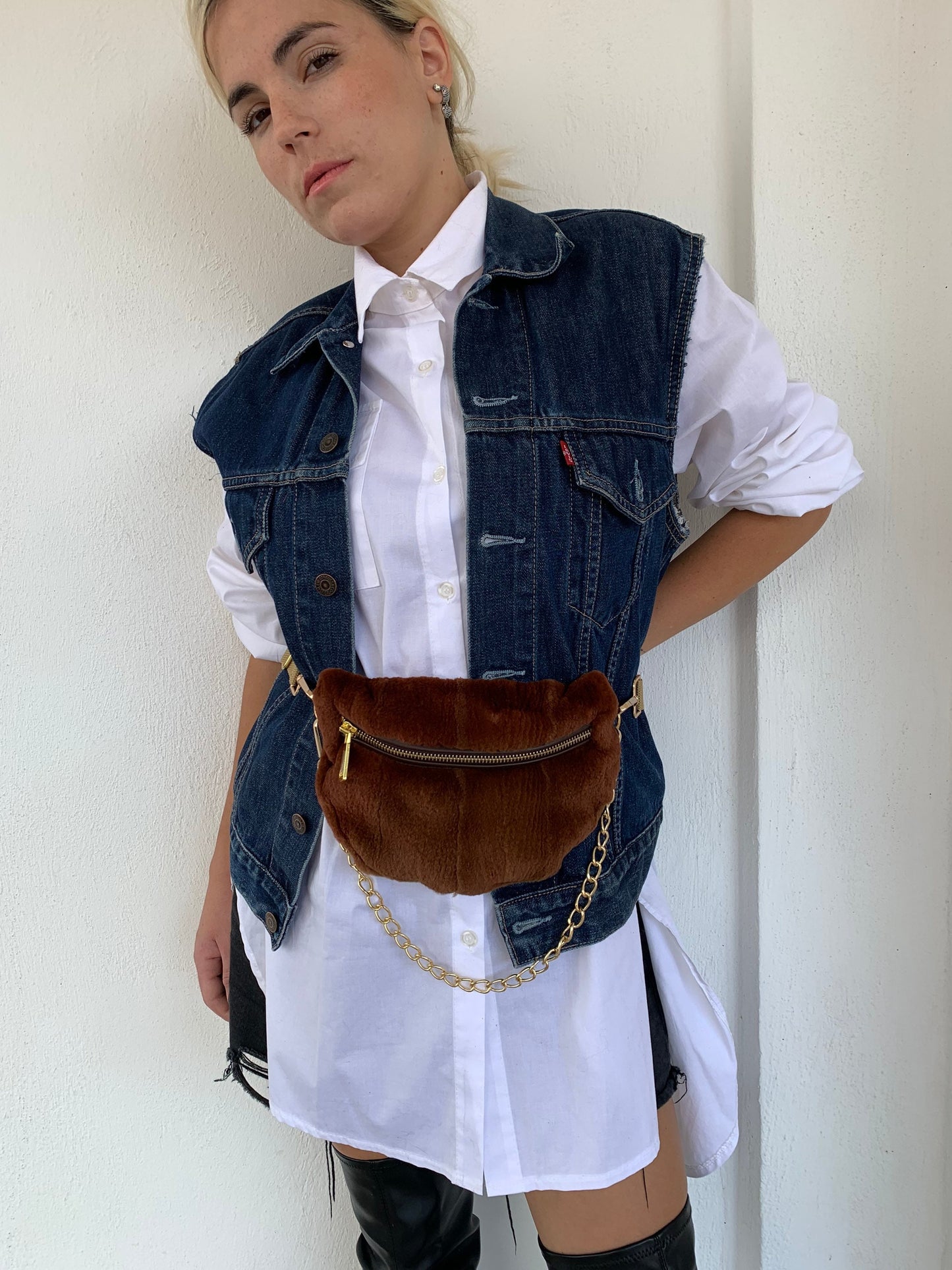 Cognac Mink Fur Bumbag with Chain: Luxury Fanny Pack