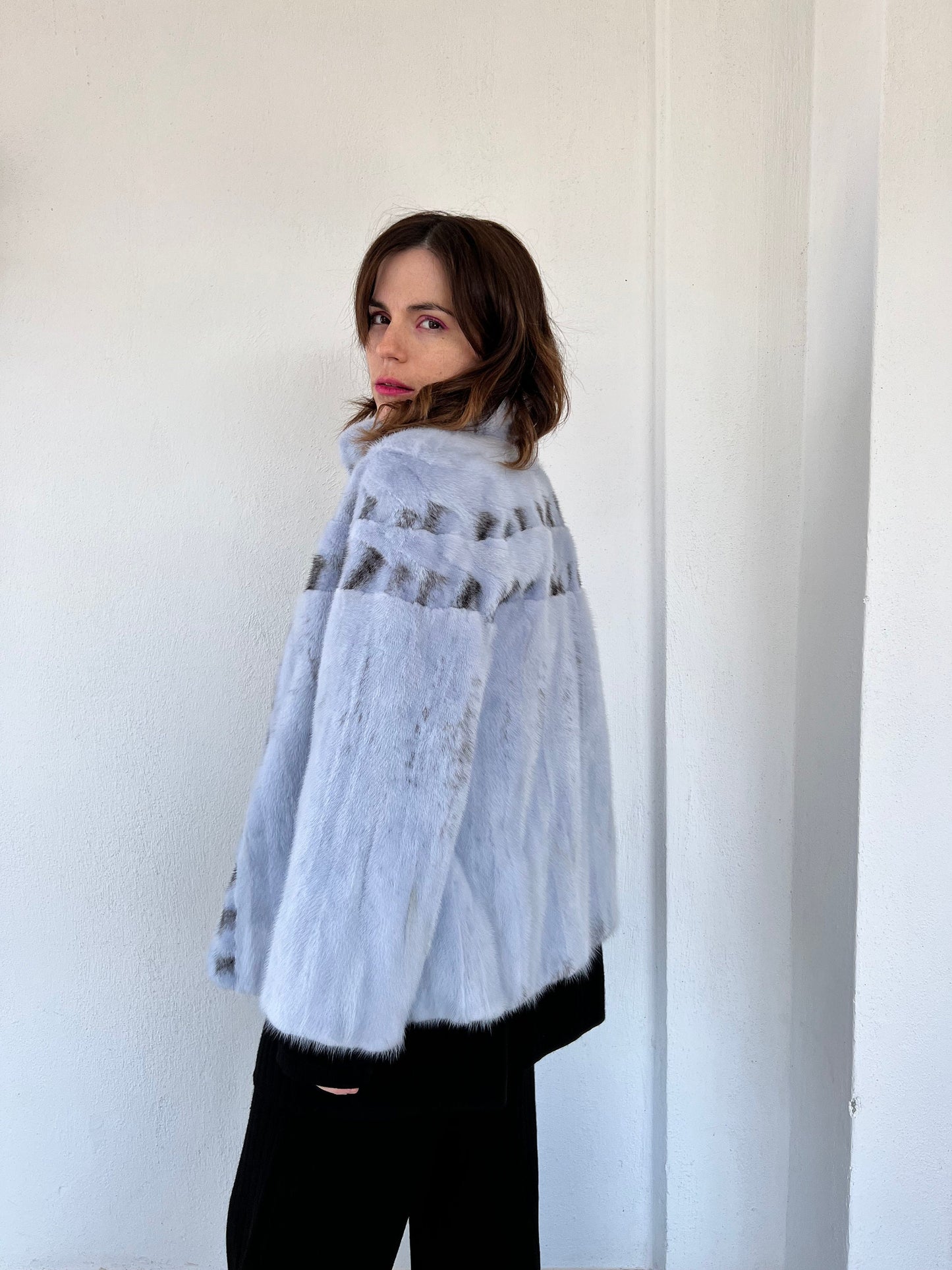 Baby Blue Mink Fur Jacket: High Collar artisanal fur - Handmade in Greece.
