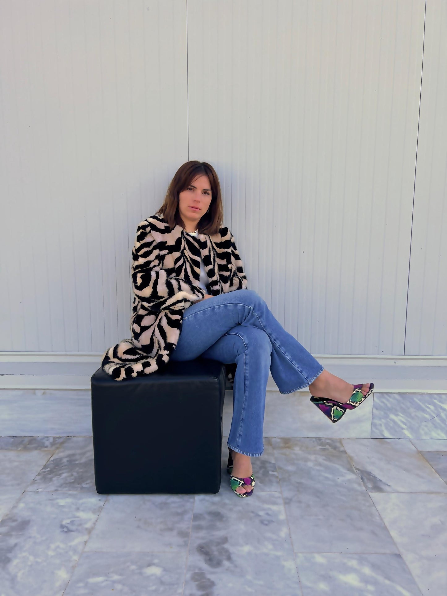 Beige & Black Intarsia Mink Fur Jacket: Handmade Genuine Fur Blazer