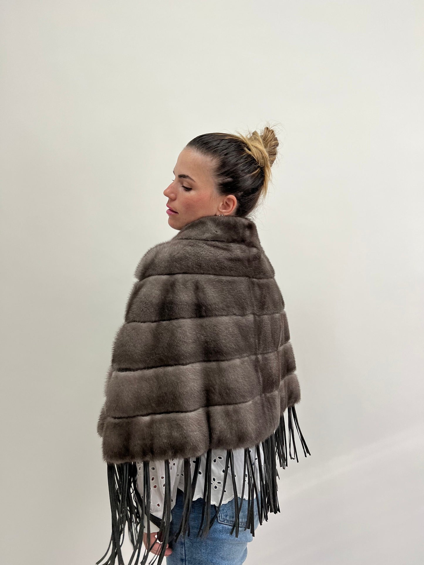 Grey Mink Fur Poncho: Leather Tassel Cape - Saga Blue Iris