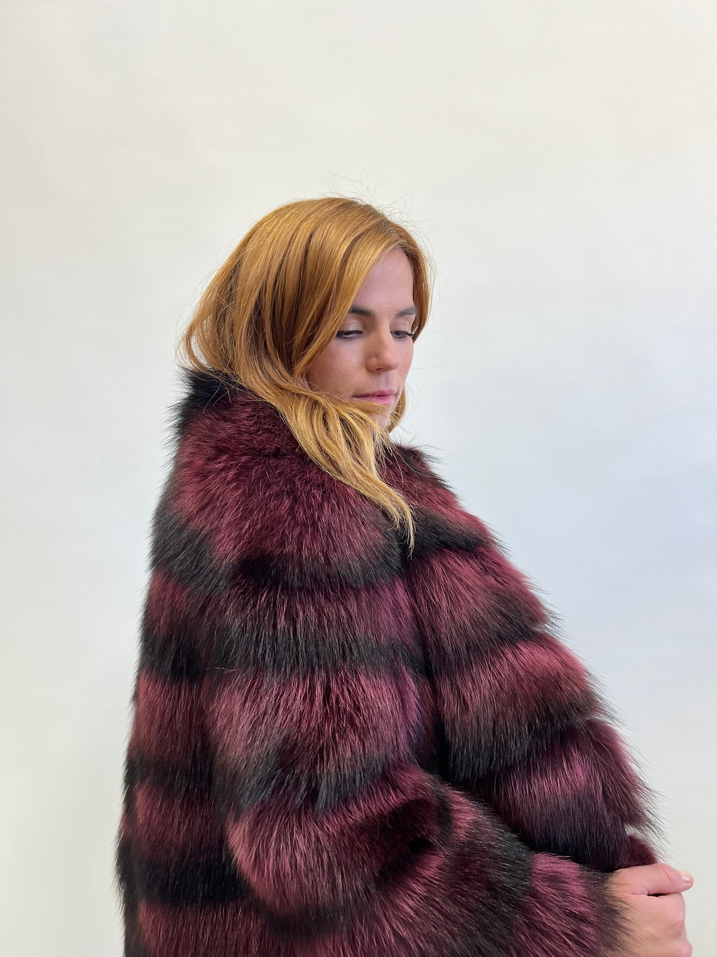 Burgundy Raccoon Fur Jacket: Leather Trim, Warm Winter Coat
