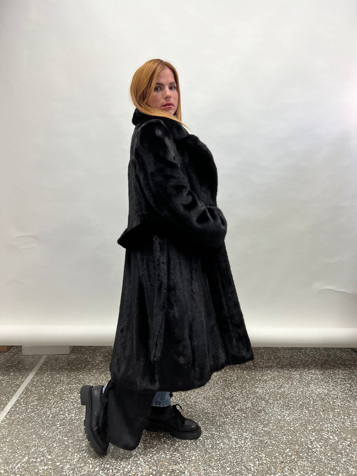 Black Saga Mink Fur Coat with Belt, Luxury Texture