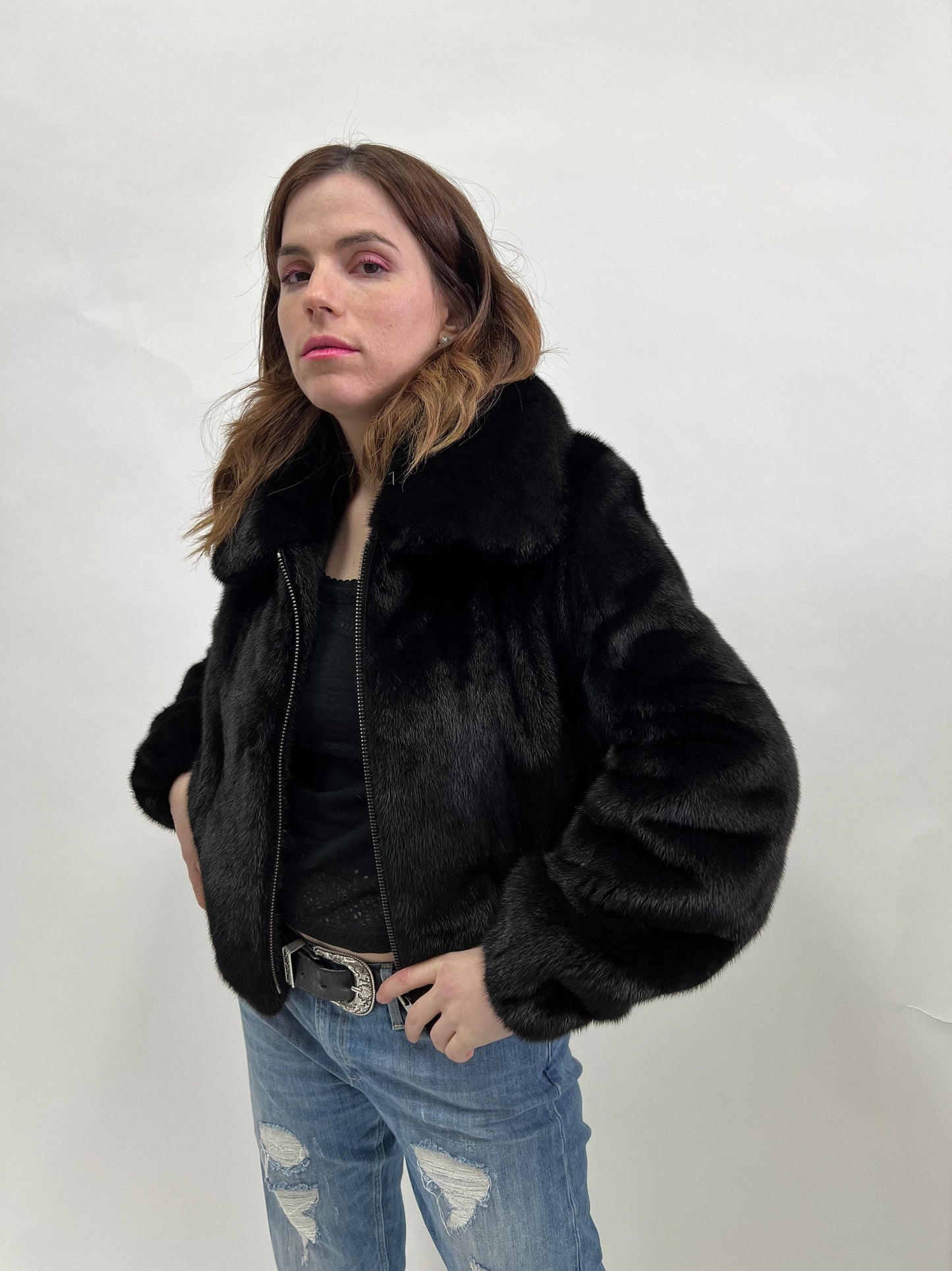 Real Mink Fur Velvet Bomber Jacket - Black, Big Collar