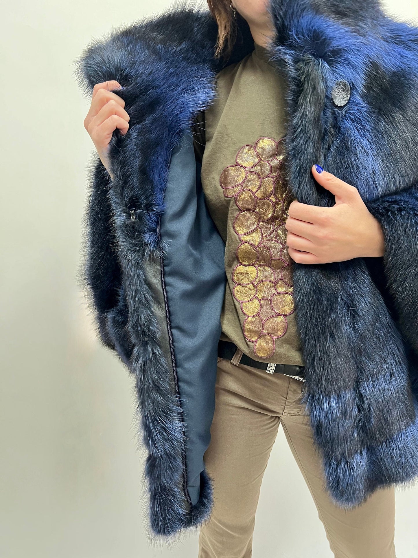 Blue Raccoon Fur Cape with Collar: Navy & Black Luxury Fur Gift