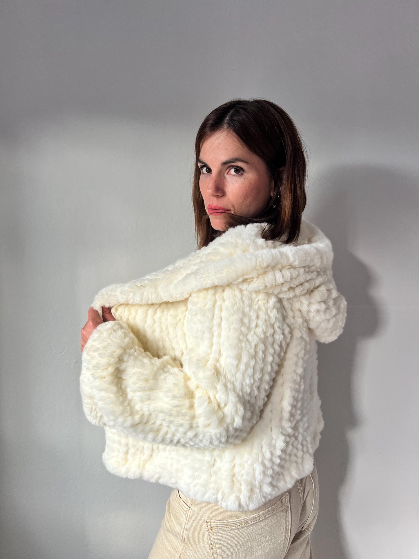 Handwoven Cream Rabbit Fur Hooded Jacket - Frog Closure