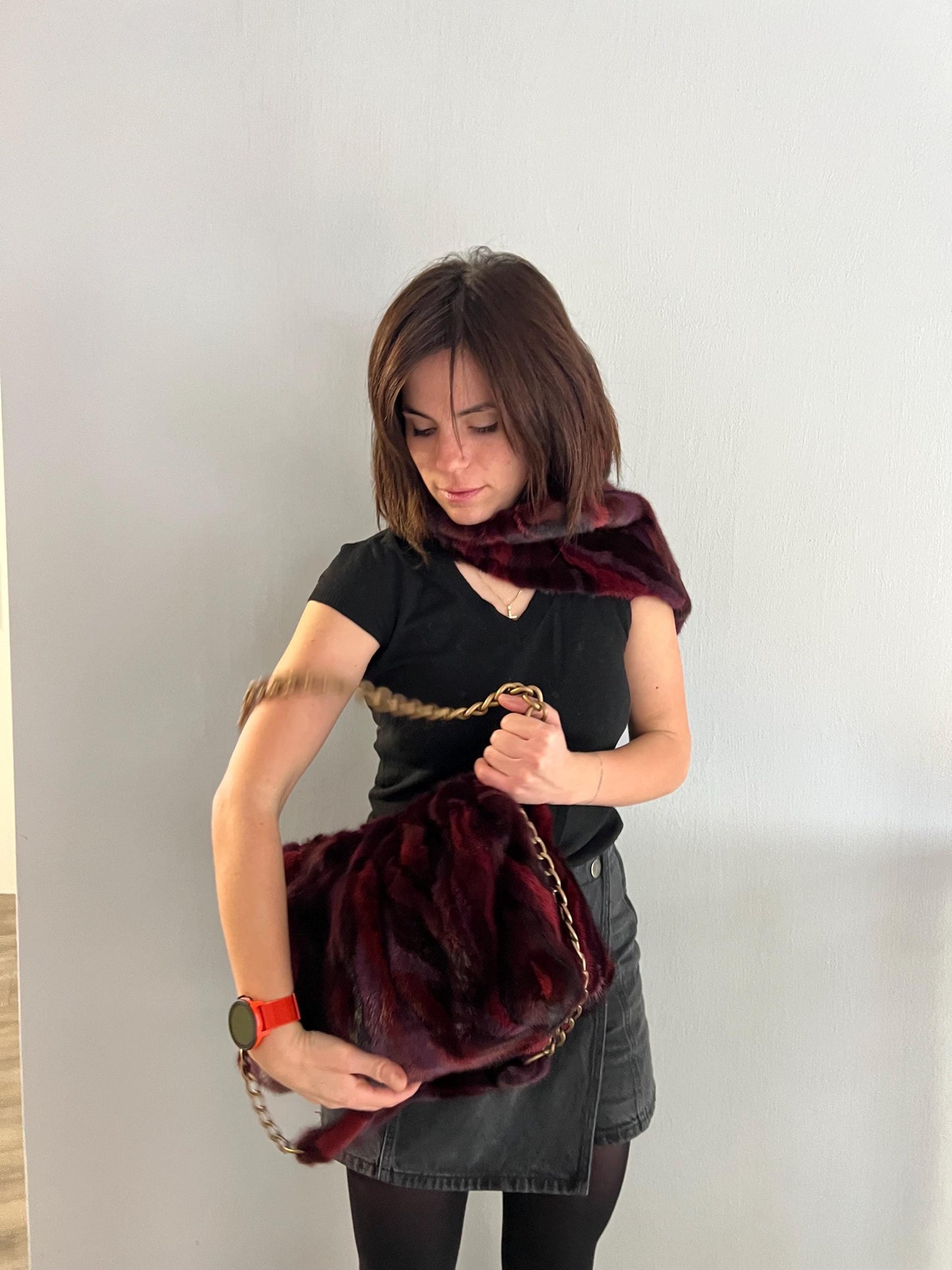 Handmade Mink Fur Slouchy Shoulder Bagin Burgundy : Luxury Cross-body Purse in army shades.