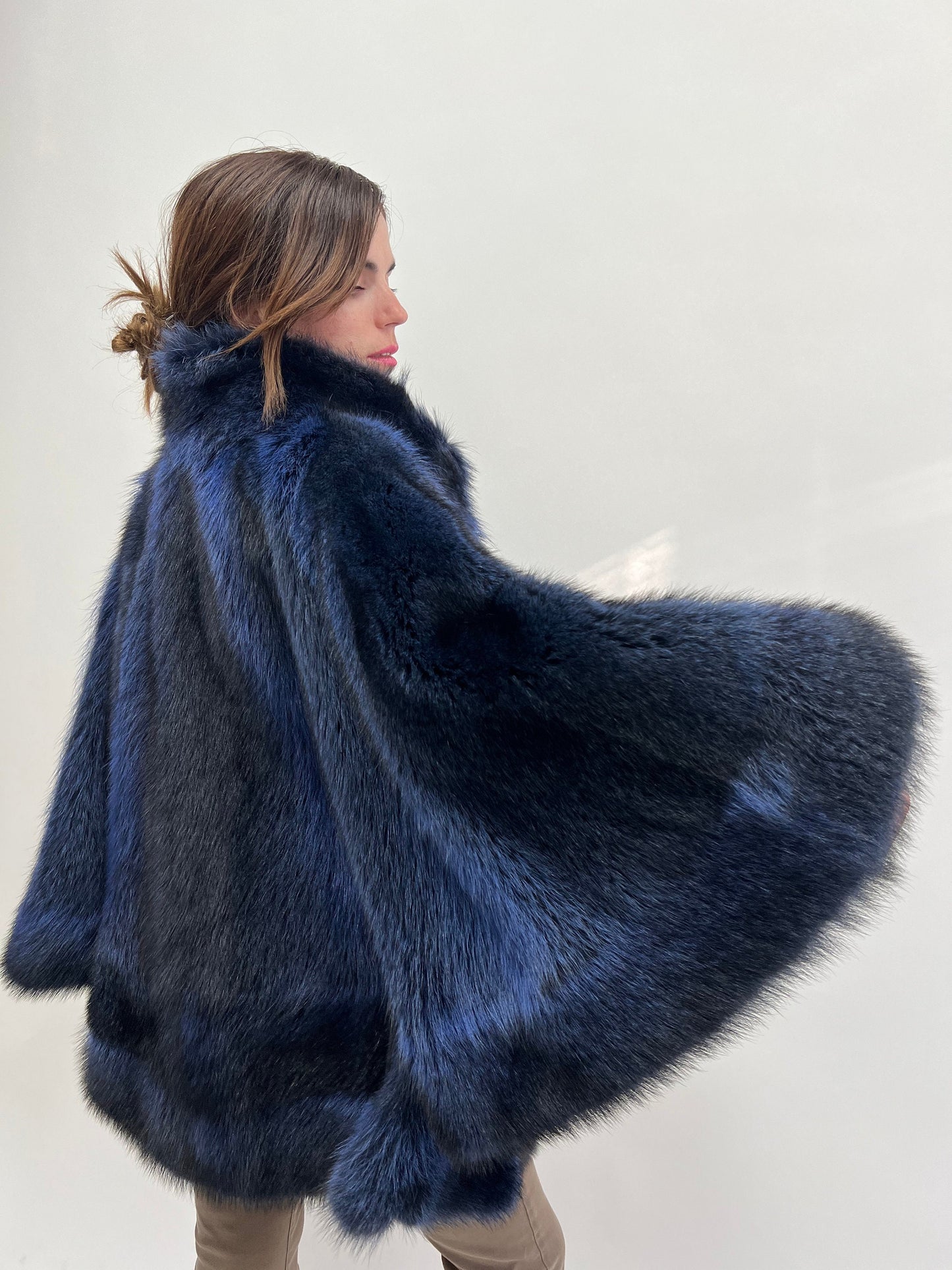 Blue Raccoon Fur Cape with Collar: Navy & Black Luxury Fur Gift