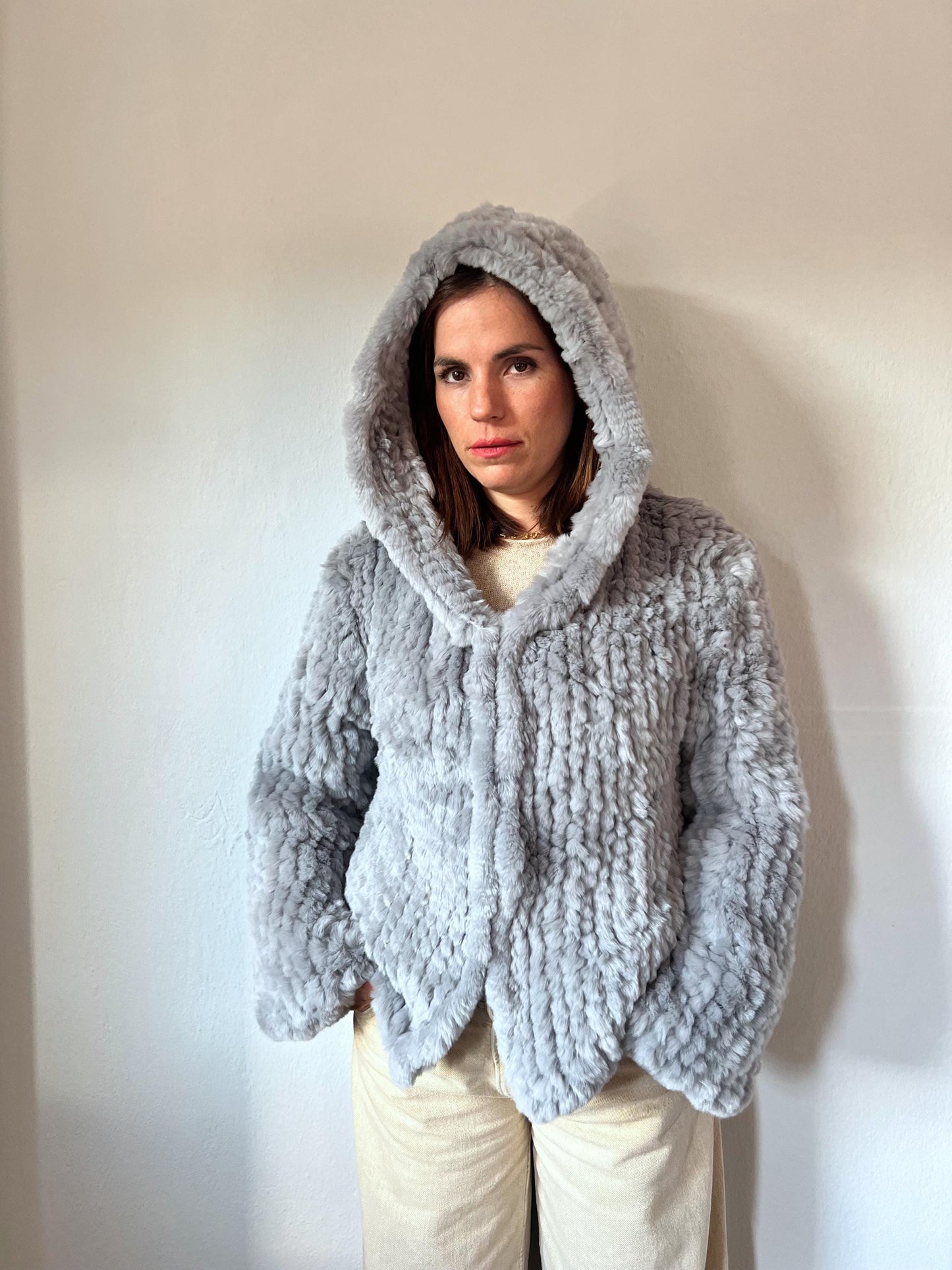 Light Grey Rabbit Fur Hooded Jacket: Handwoven, Frog Closure