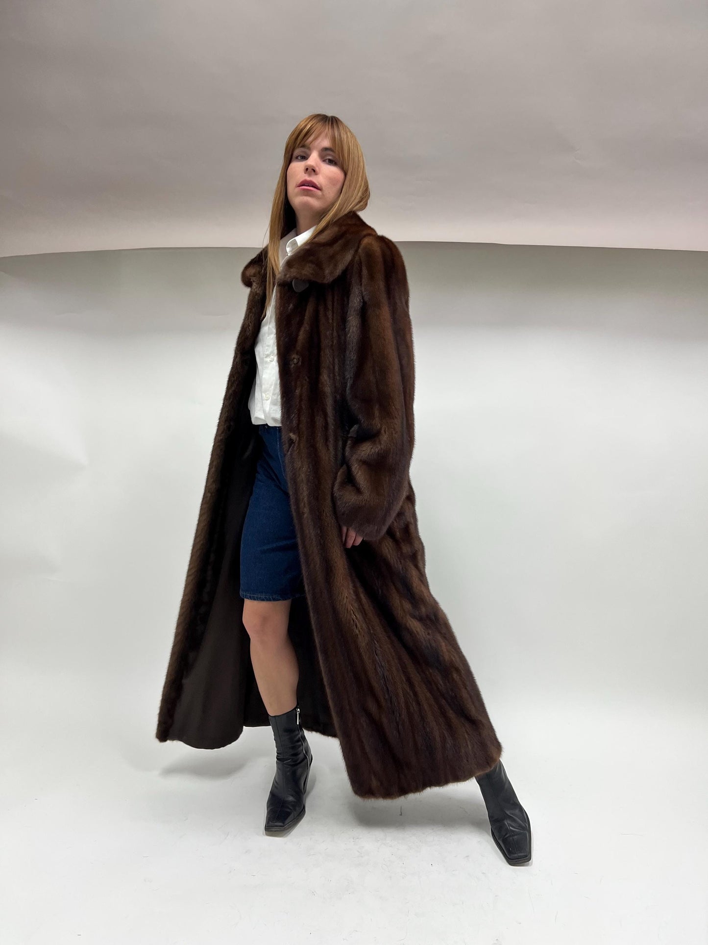 Demi Buff Mink Fur Coat: Long Collared Stroller, Handmade in Greece