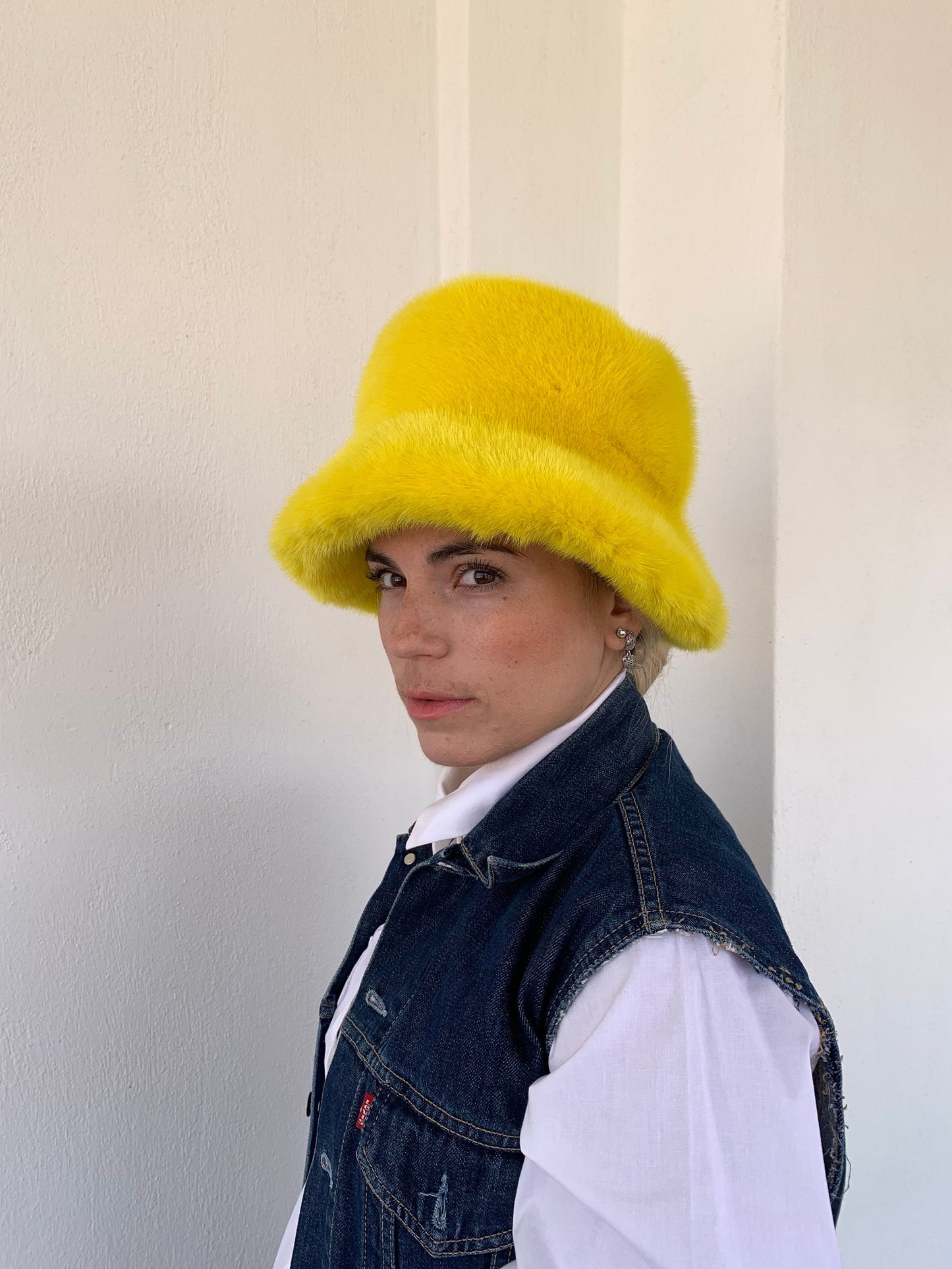 Handmade Yellow Mink Fur Bucket Hat: Luxury Winter Warmer