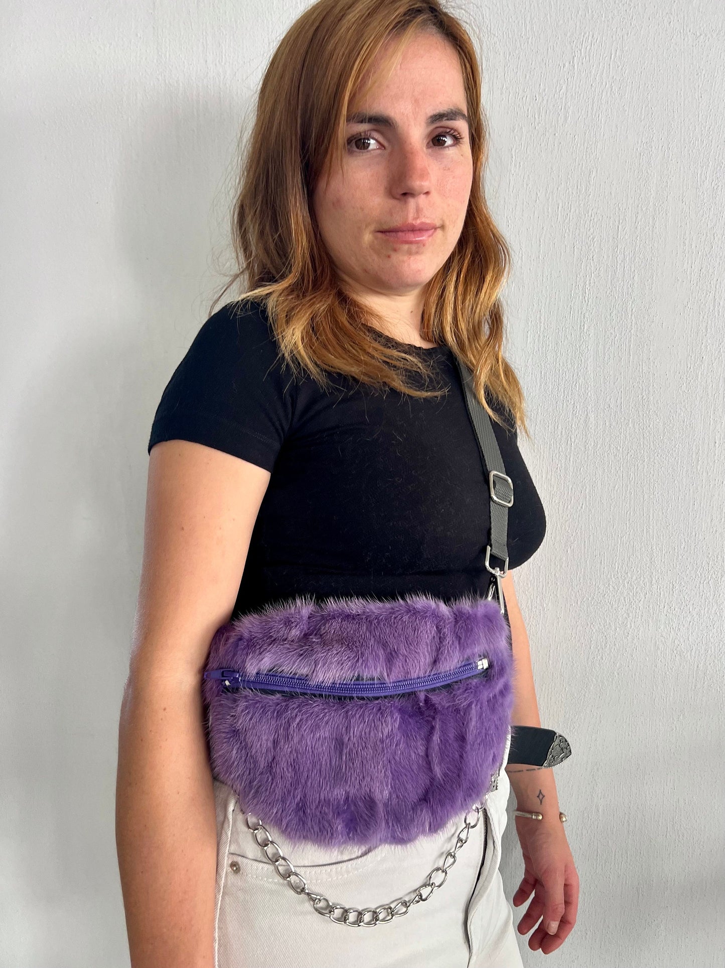 Purple Mink Fur Bumbag with Chain: Luxury Fanny Pack
