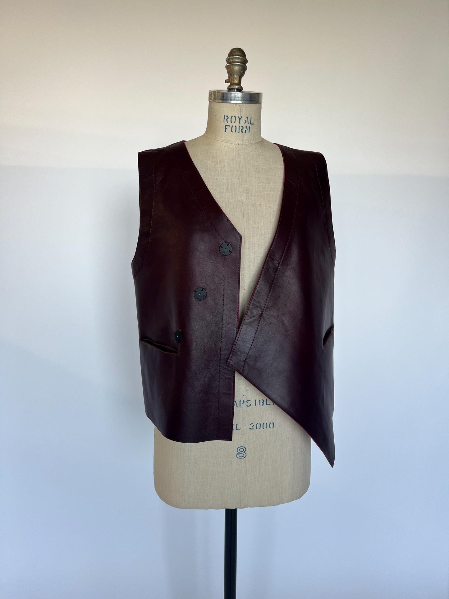 Burgundy thick Leather Vest unlined. Diagonal premium hide vest.