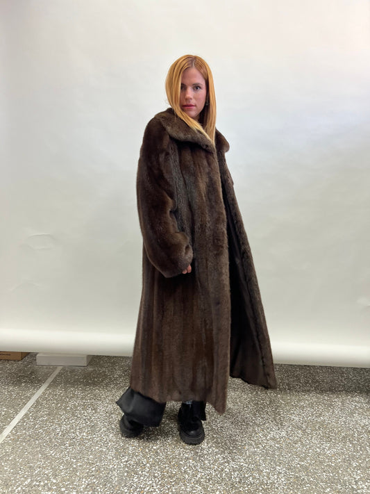 Handmade Brown Mink Fur Coat: Long Collared Stroller, Size Small