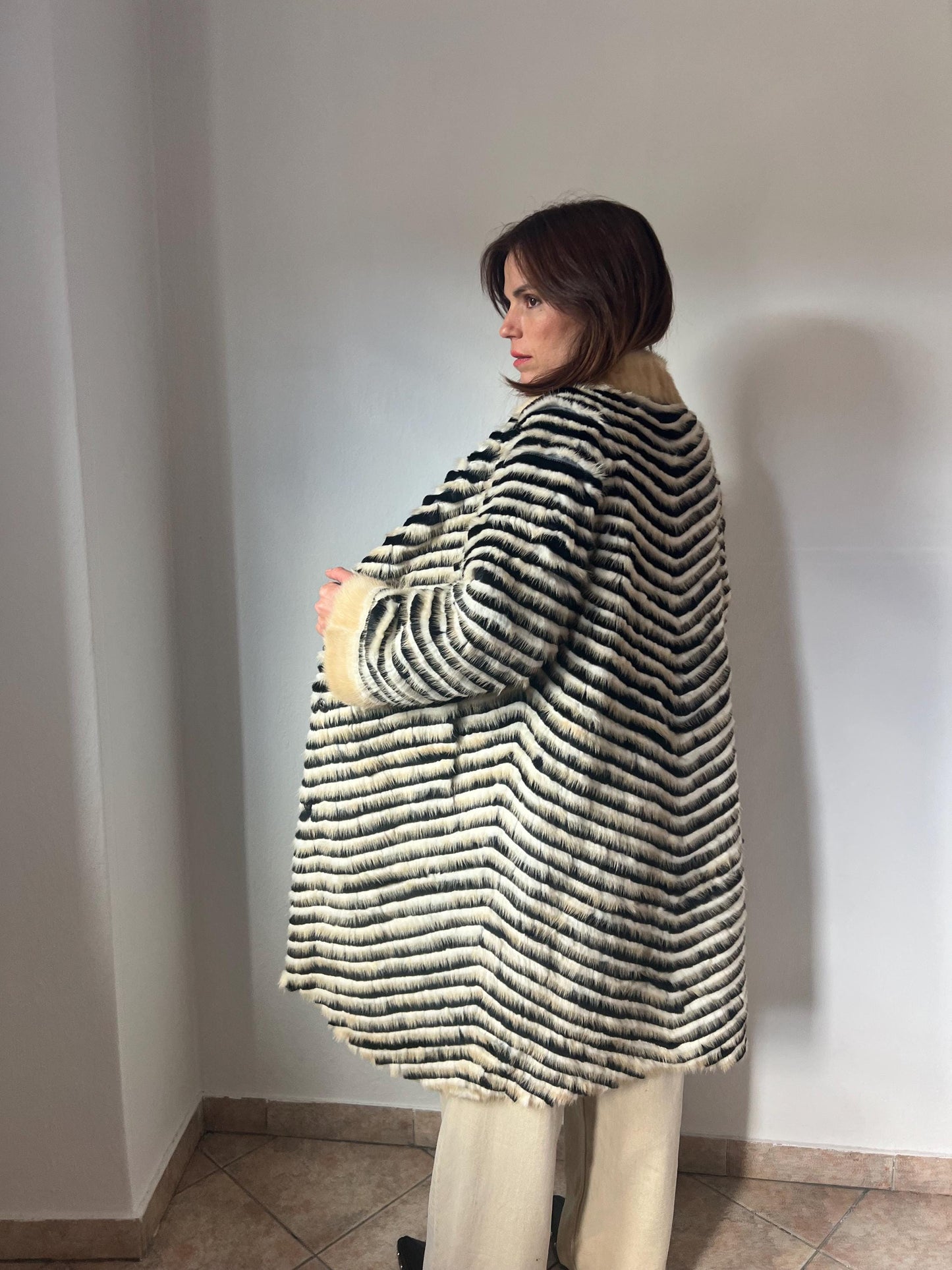 Handwoven Mink Fur Coat: Beige & Black Wool Lined Jacket