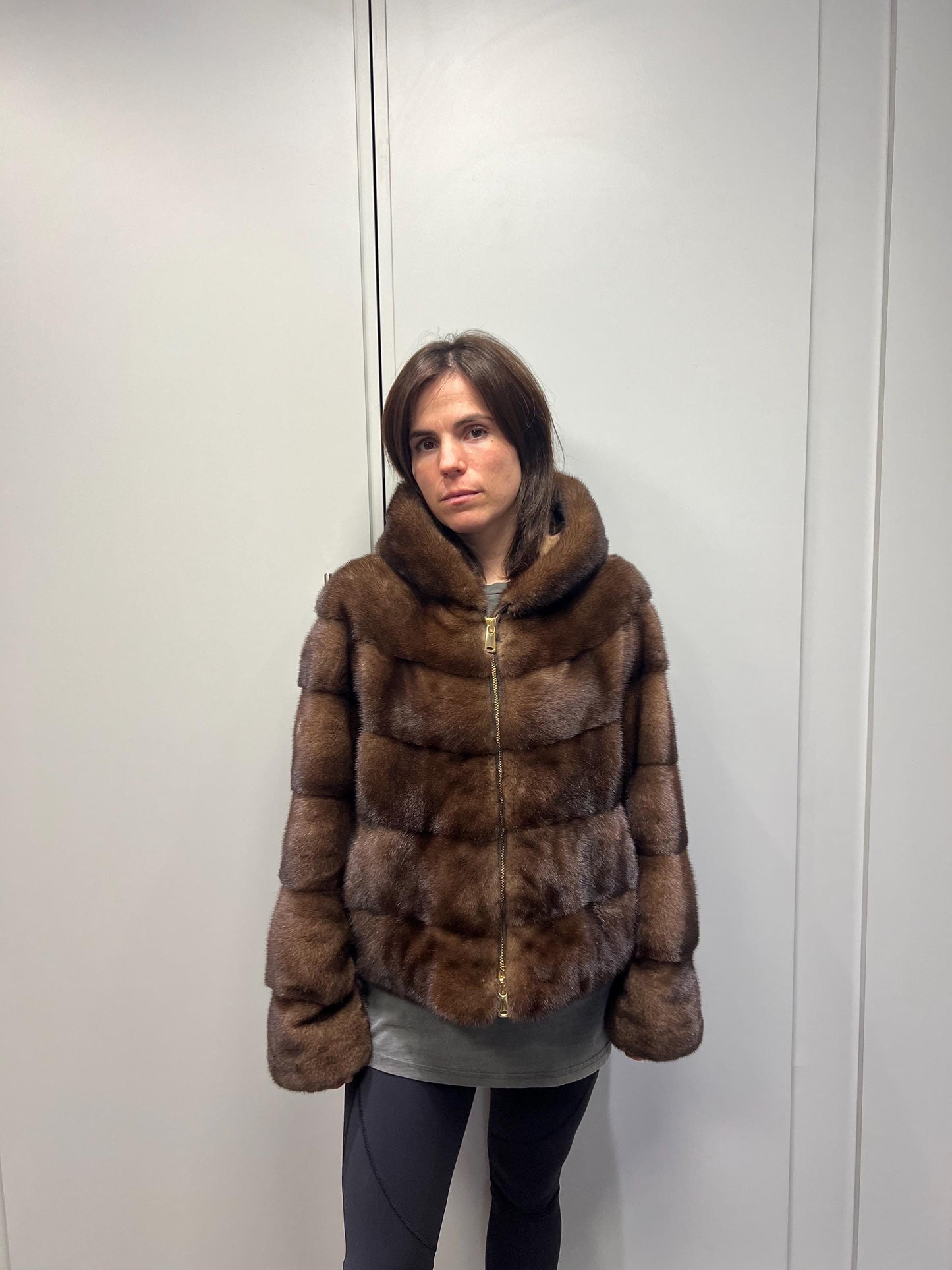 Brown hooded Mink Fur Jacket: Handmade Saga Mink Coat