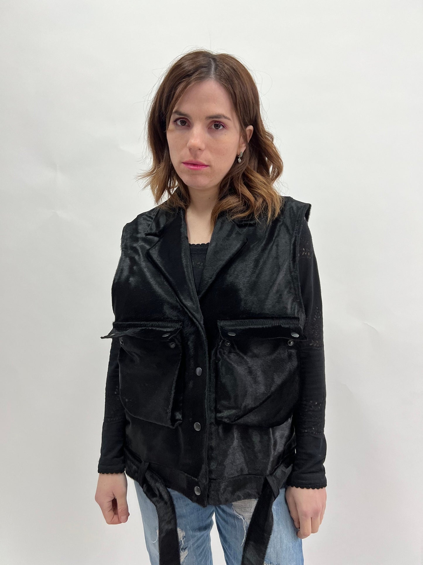 Genuine Hair-On Calf Hide Vest: Utility Leather Vest with Belt