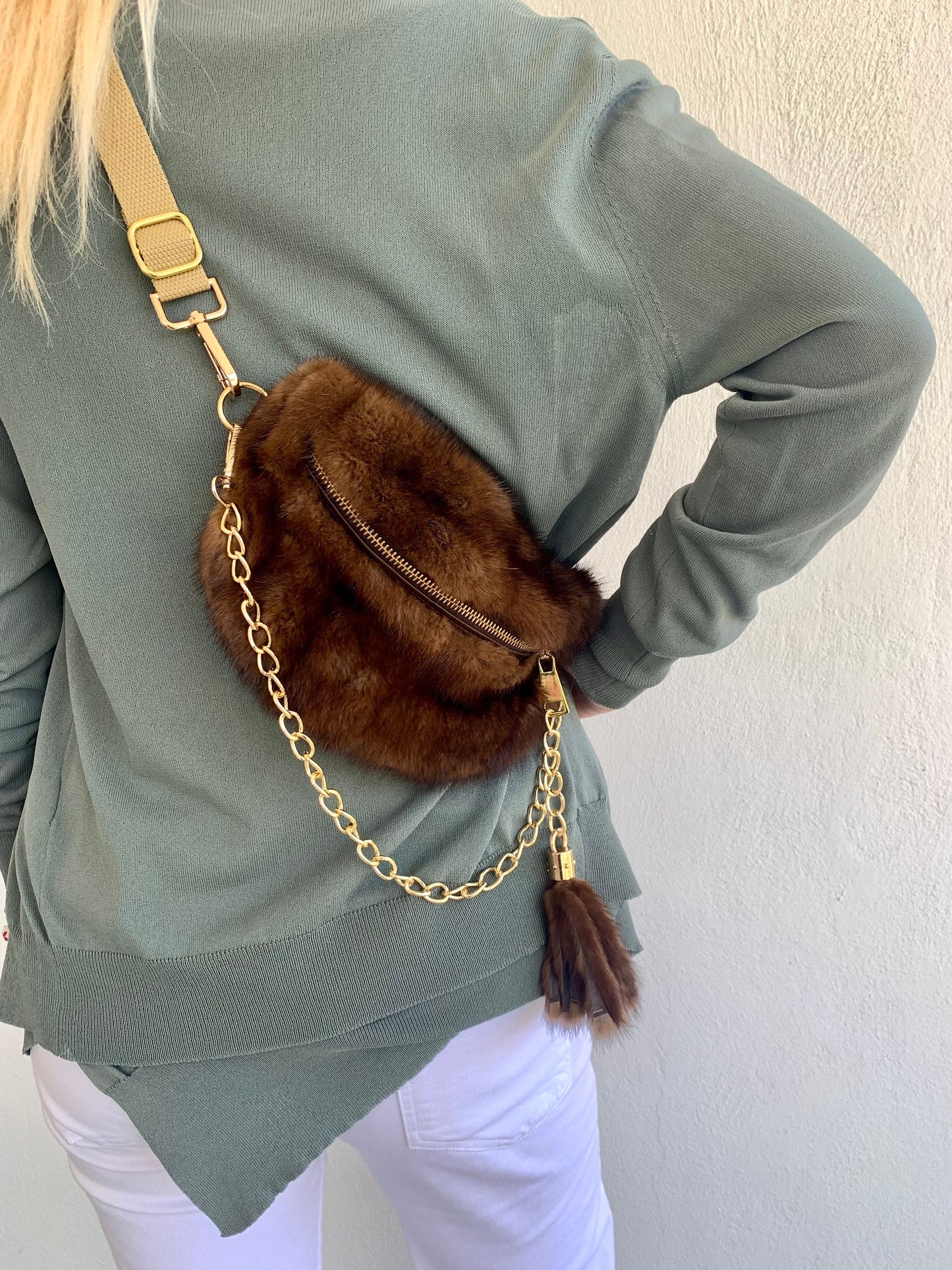 Real Mink Fur Bumbag: Tan Brown Fanny Pack with Chain