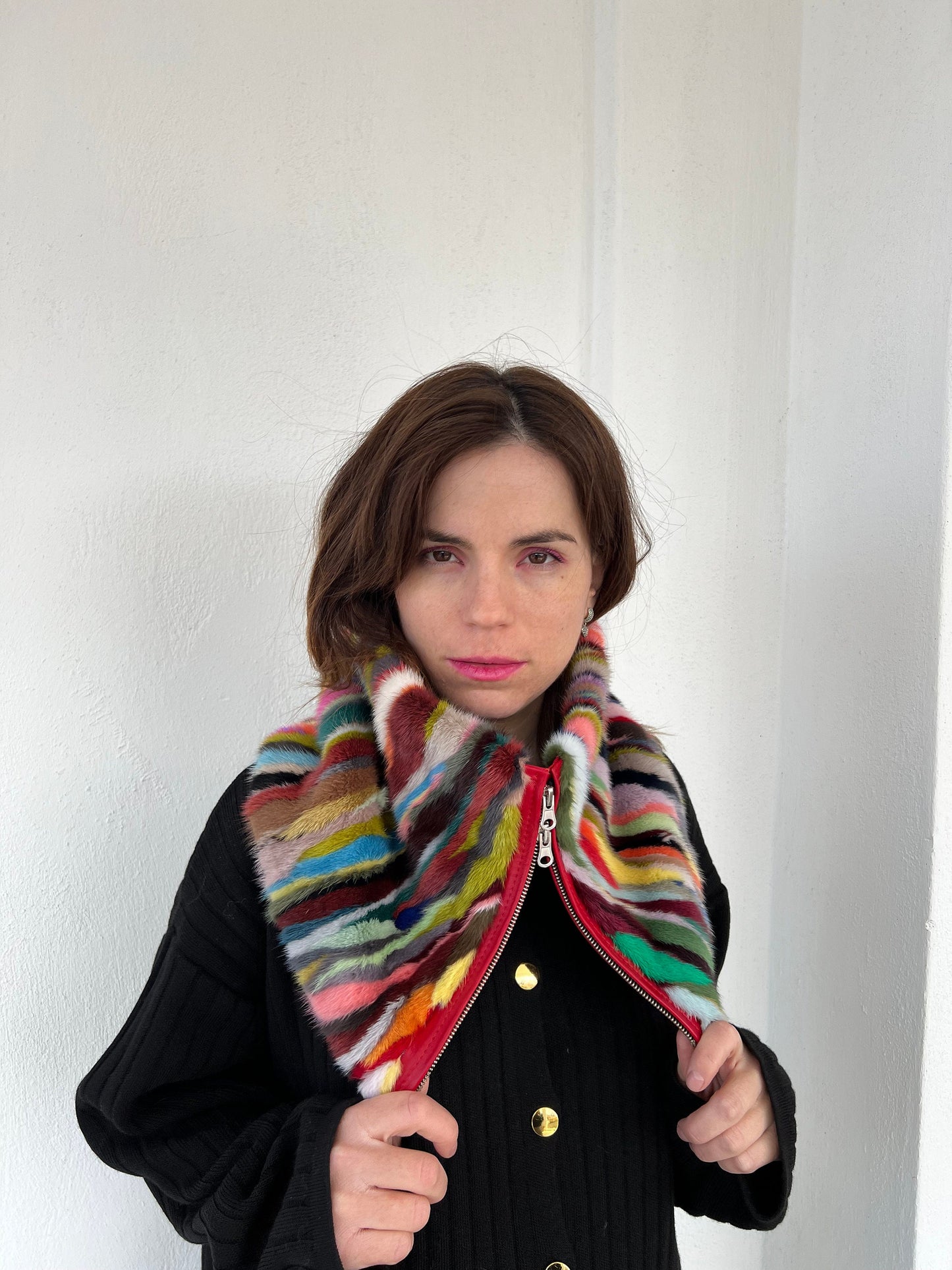 Multicolored Mink Fur Cowl: Zipped Leather Detail Infinity Scarf