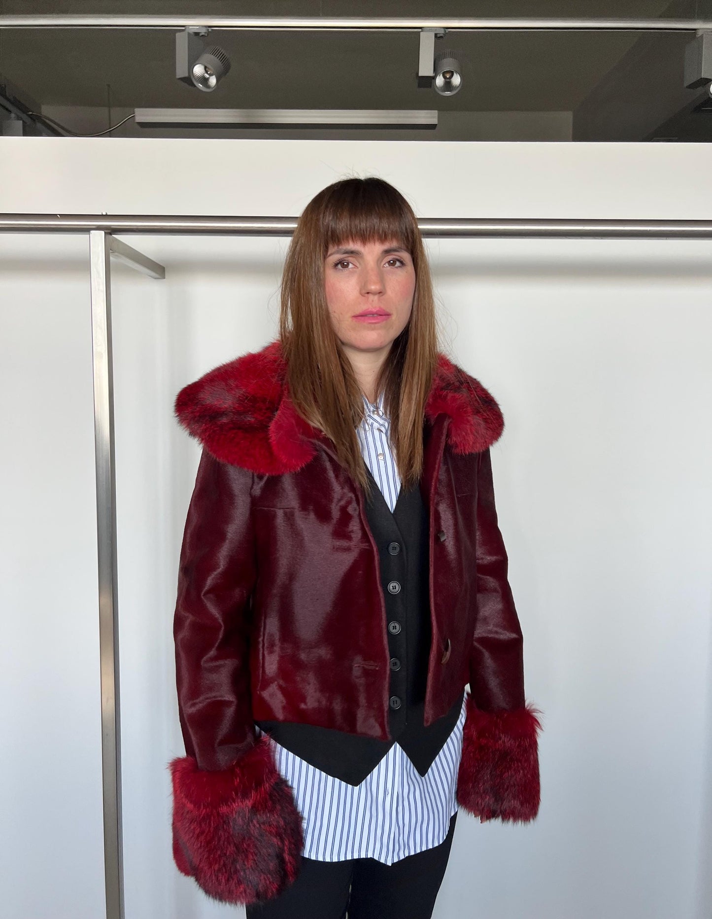 Genuine Cherry Leather Jacket: Hair-On Hide, Fox Fur Trim