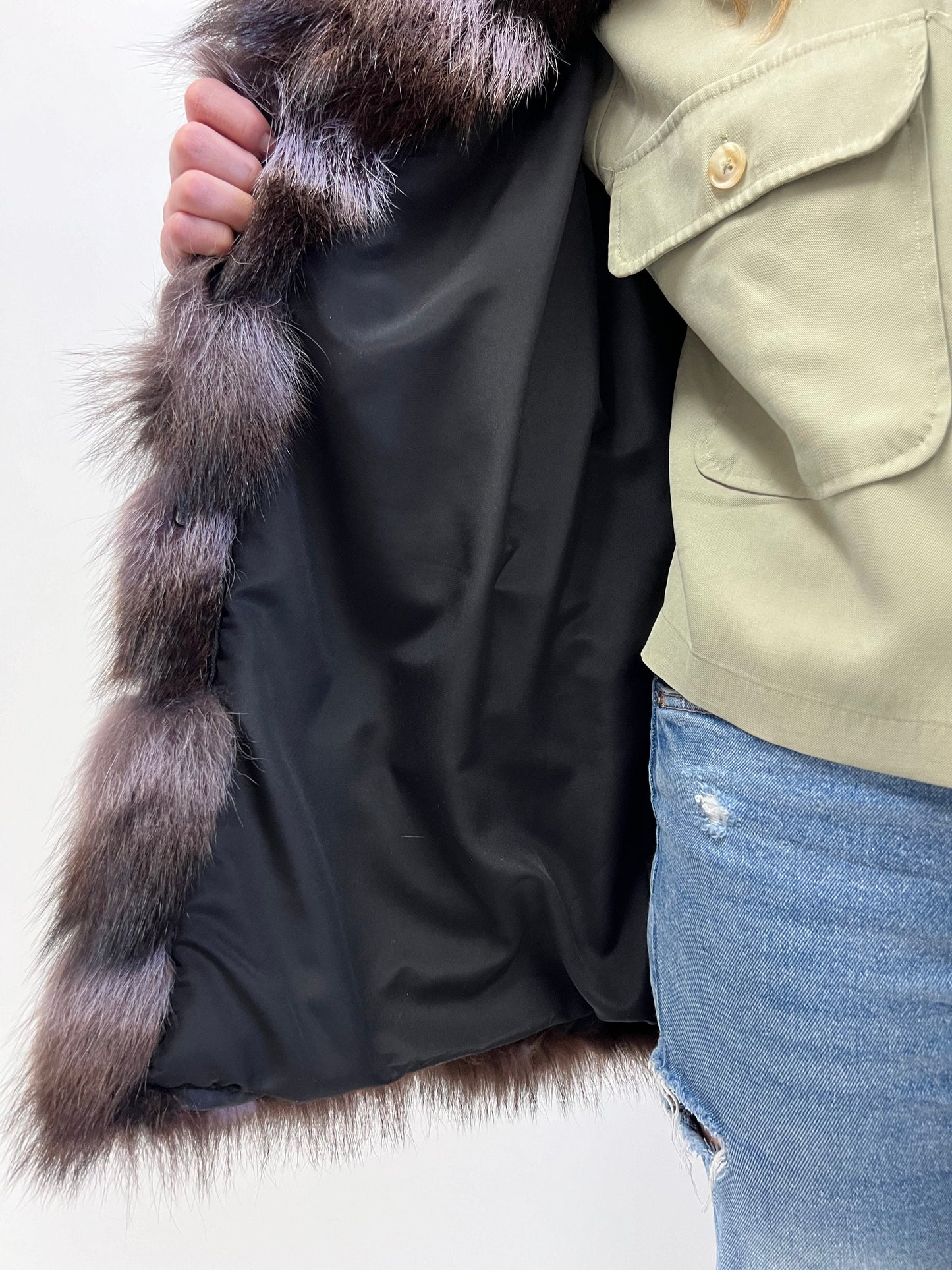 Genuine Raccoon Fur Jacket: Brown Levante Leather Trim Collar
