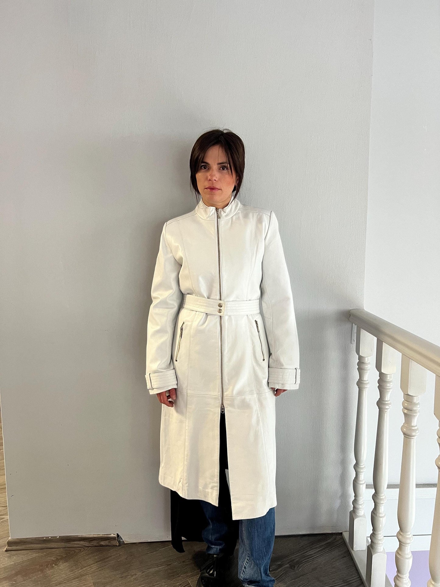 White Nappa Lambskin Leather Coat - Handmade Belted Zip Front