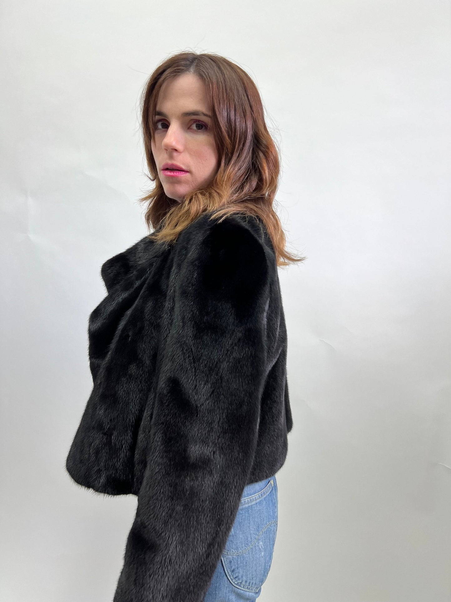 Mink Fur Bolero Jacket: Black Collared Copenhagen Fur, Size Small