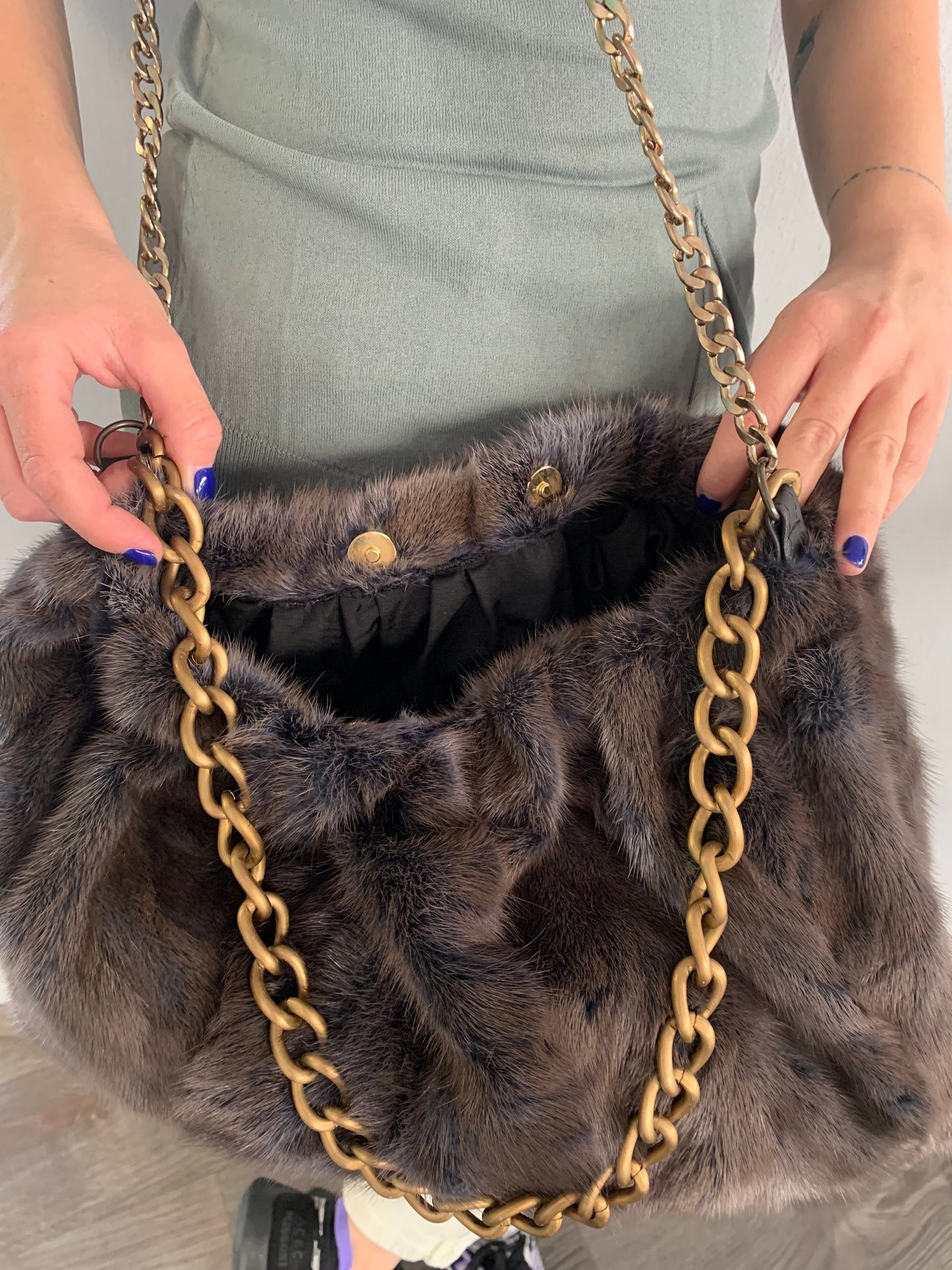 Handmade Mink Fur Shoulder Bag: Brownish Grey Slouchy Pouch with Bronze Straps