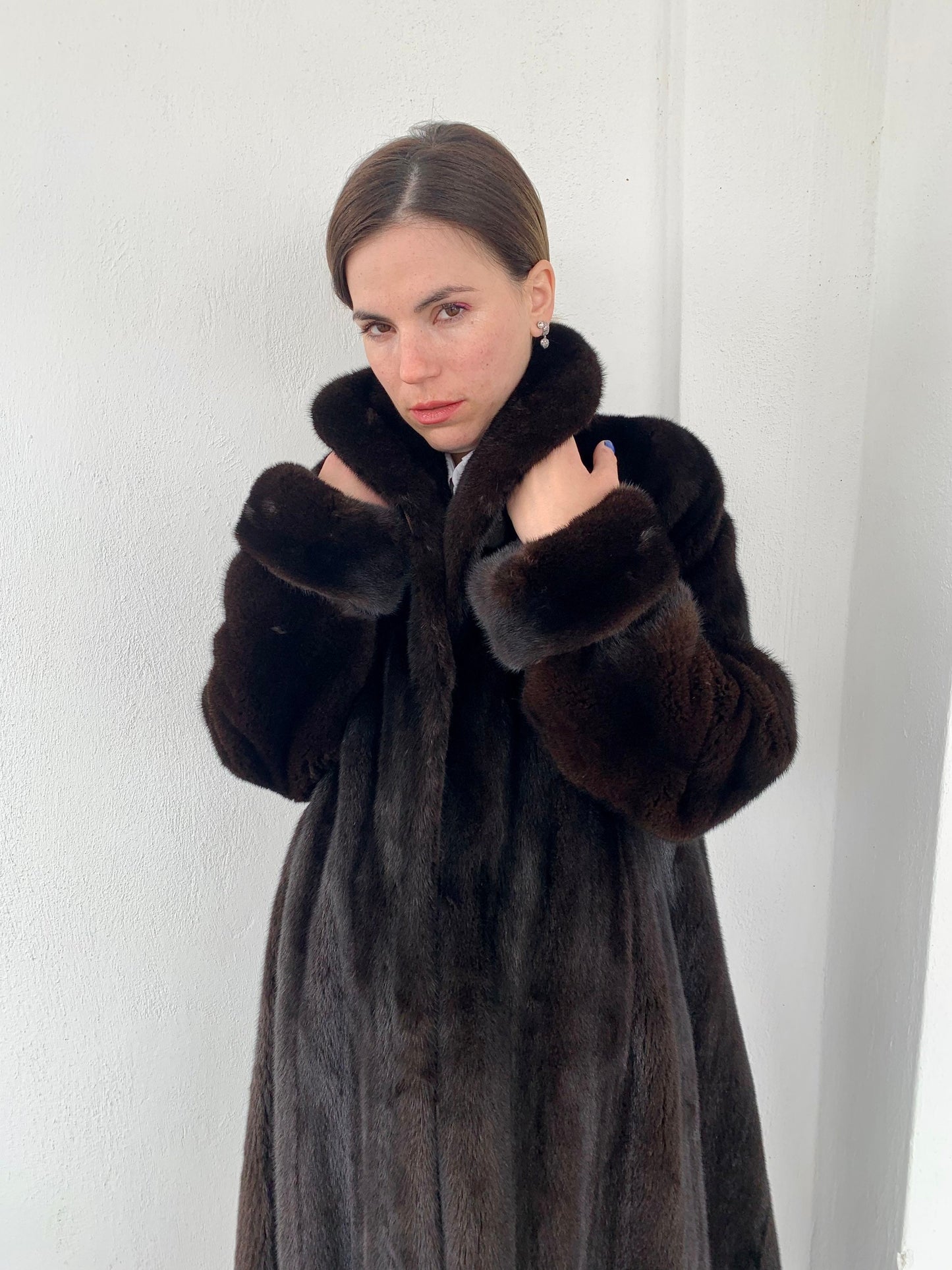 Mahogany Mink Fur Long Coat - Handmade Luxury stroller in full length godet style.