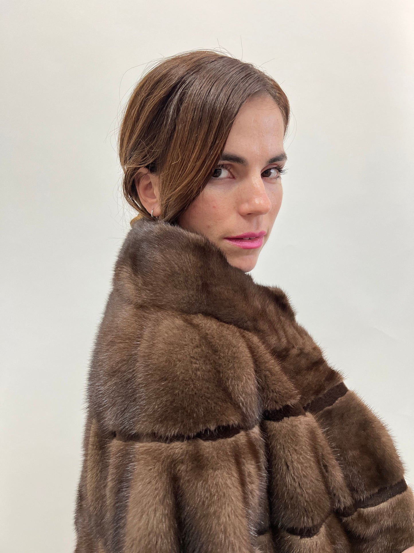 Saga Mink Fur Coat: Brown Sheared Trim, Handmade in Greece