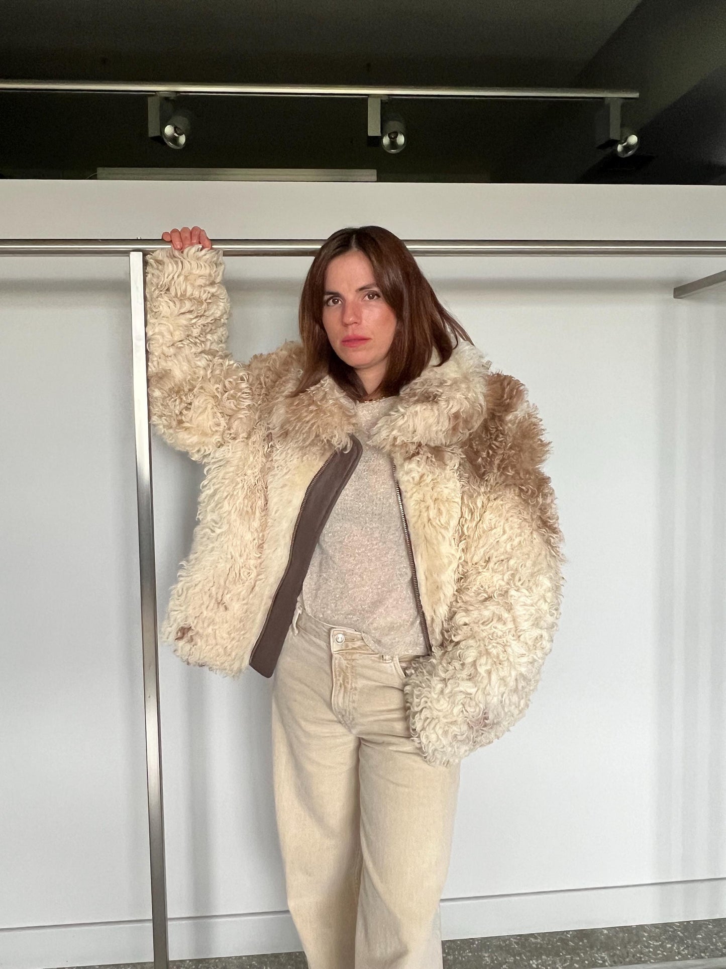 Handmade Shearling Fur Jacket: White & Beige, Taupe Leather, Zip Up