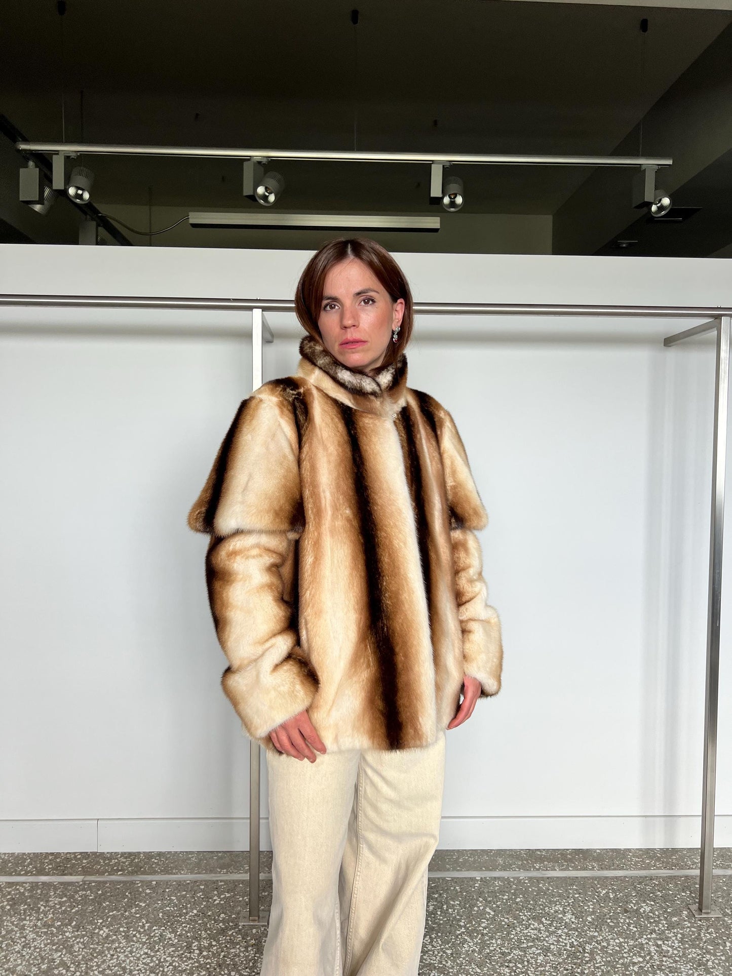 Handmade Beige Mink Fur Jacket with Removable Sleeves