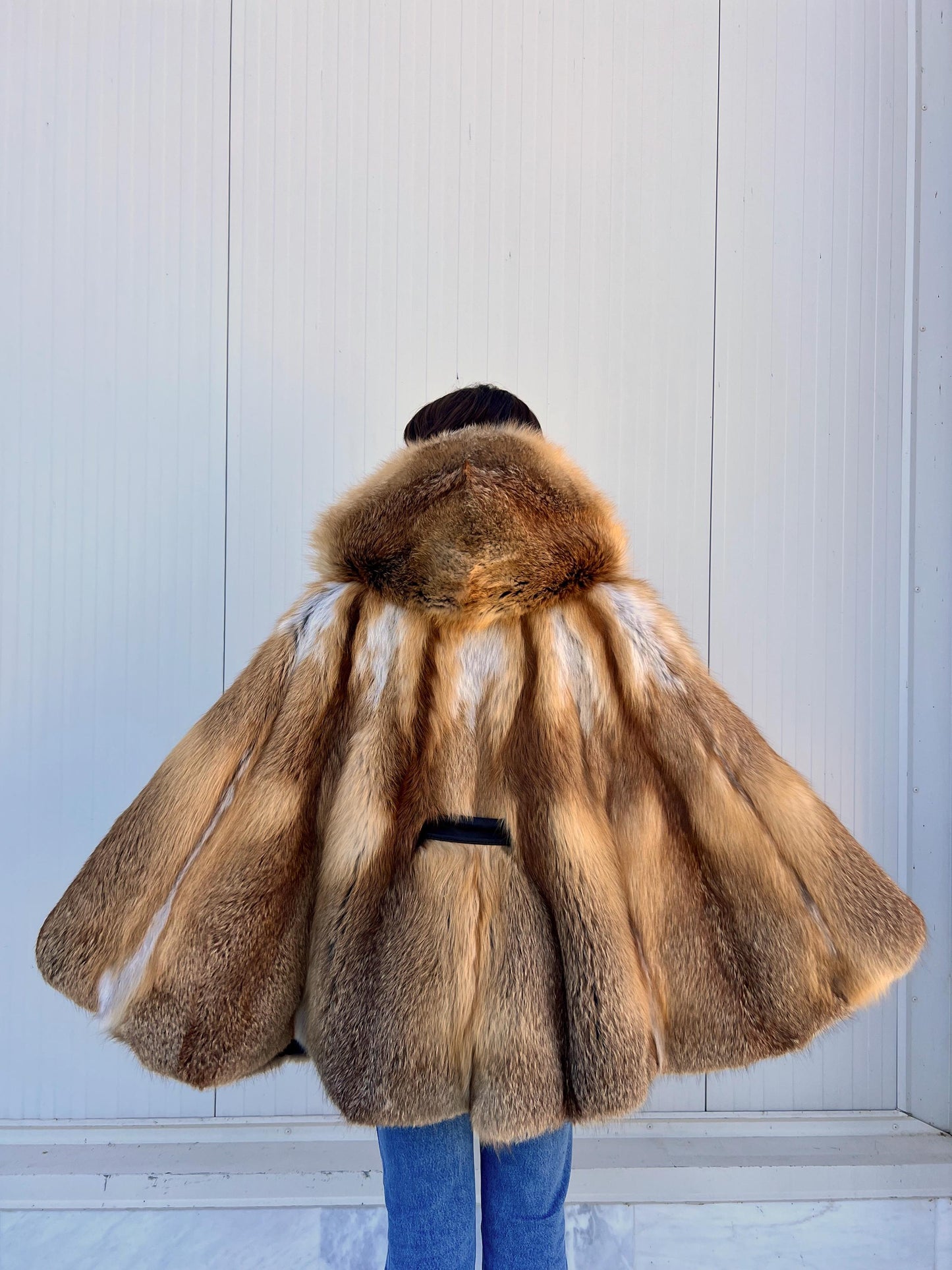 Red Fox Fur Cape with Hood: Handmade Leather Belt Closure