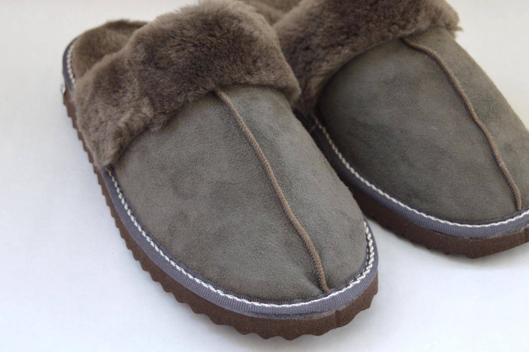 Grey Shearling Slippers: Genuine Sheepskin Fur Shoes for Women