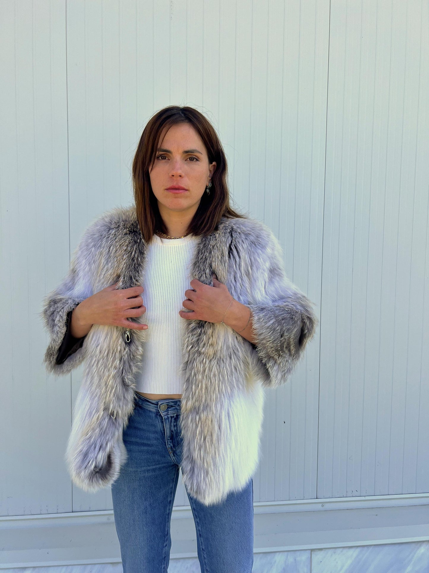 Handmade Fox Fur Jacket: White & Grey Lightweight Fluffy Coat