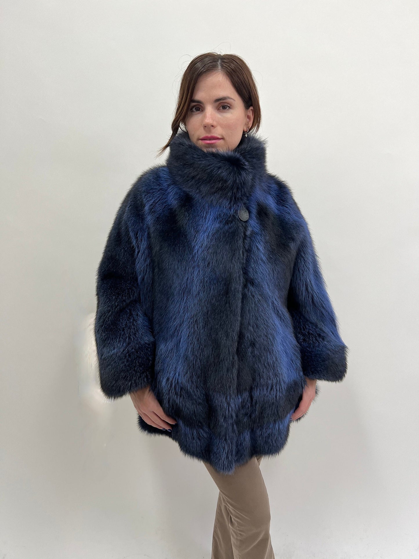 Blue Raccoon Fur Cape with Collar: Navy & Black Luxury Fur Gift