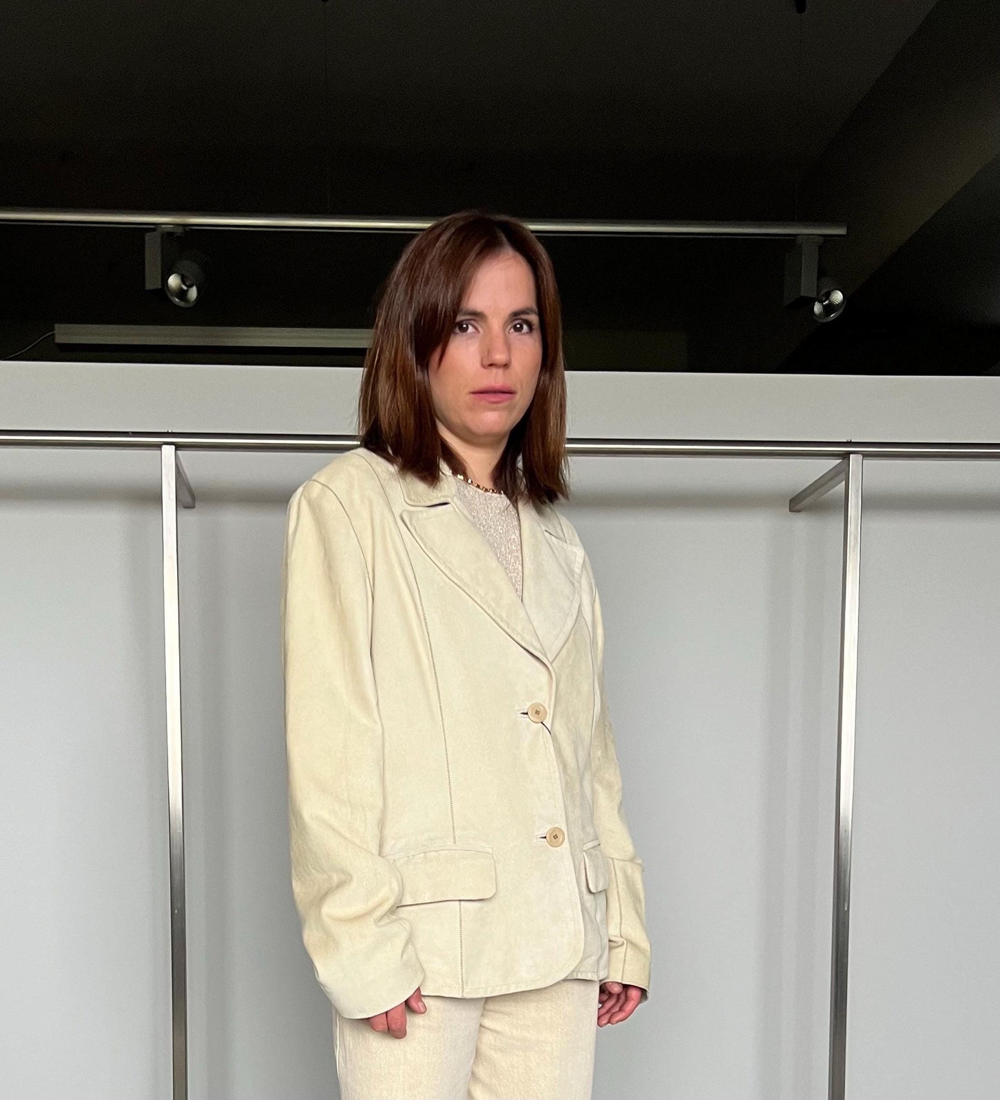 Beige distressed suede leather oversirt. Lightweight genuine leather: Handmade blazer.