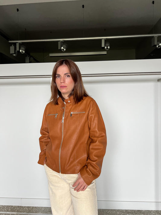Handmade Tan Brown Lamb Leather Jacket: Whiskey Crackle S (Small)