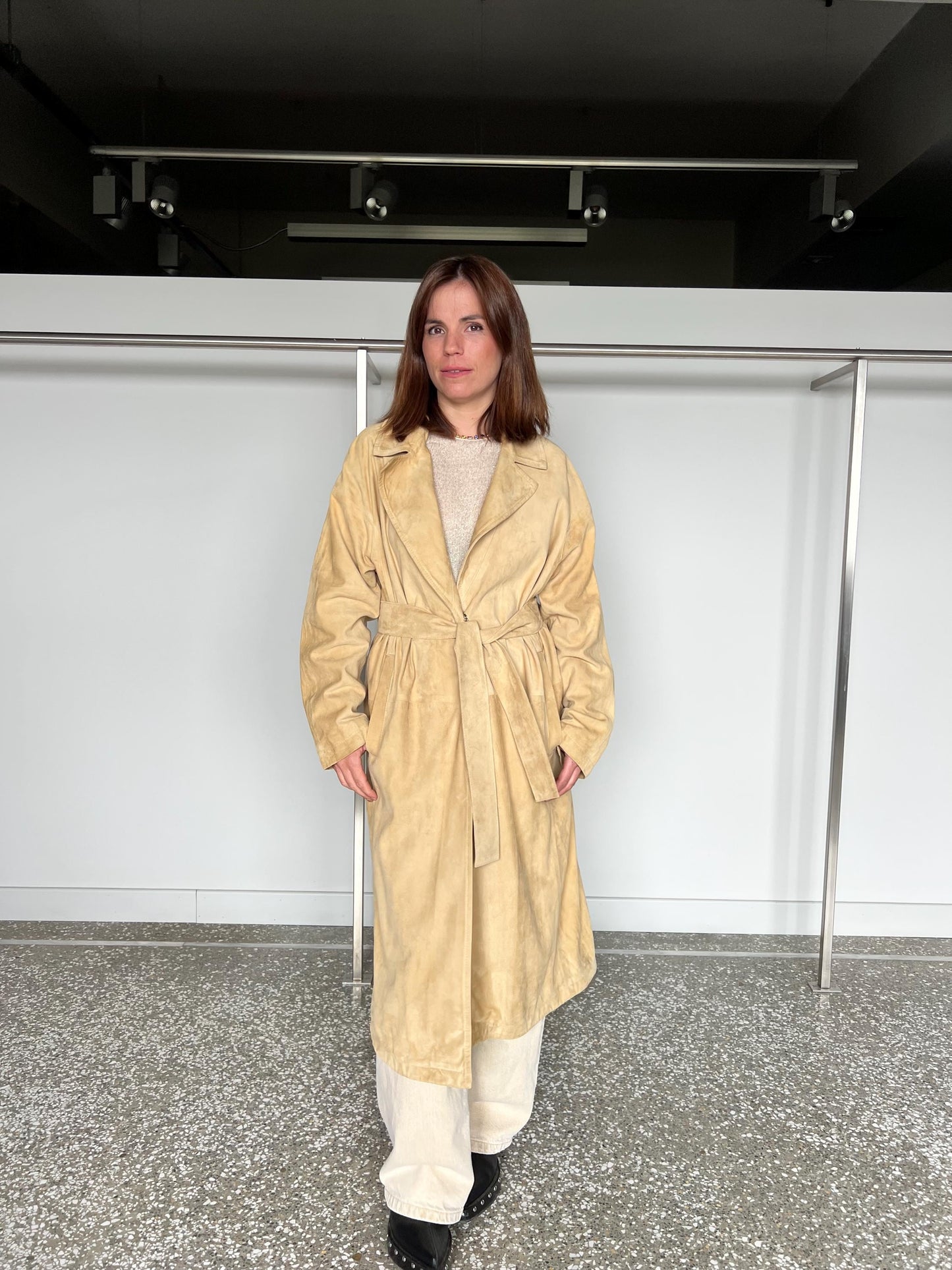 Handmade Beige Suede Leather Coat: Distressed Genuine Leather, Size Large