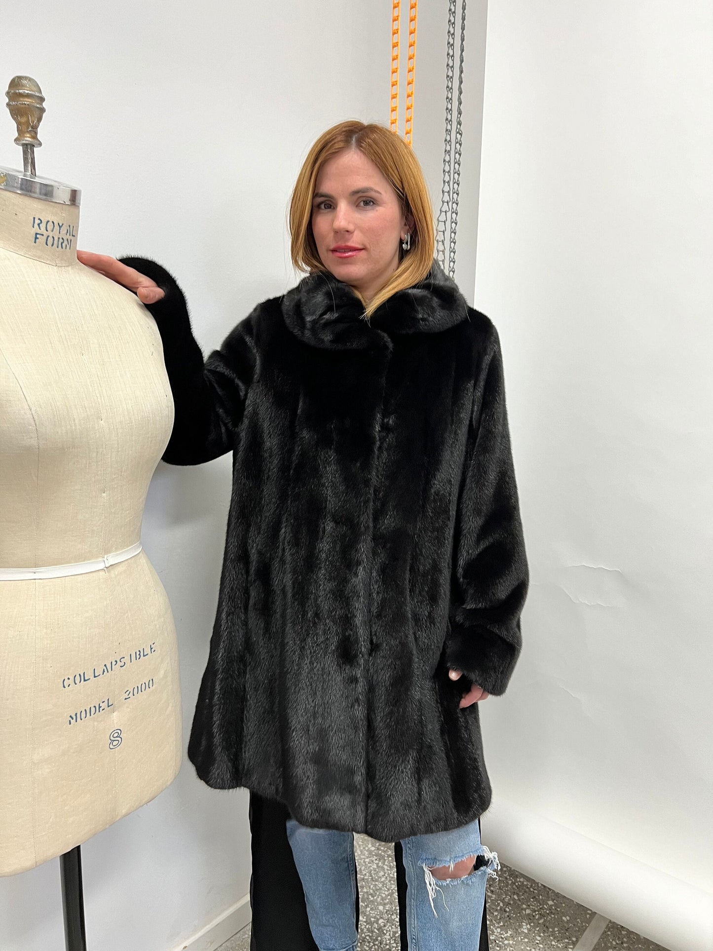 Black Saga Mink Fur Coat, Luxury Texture, Hooks Closure
