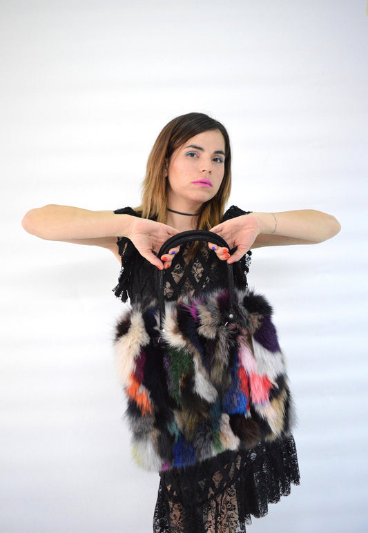 Multicoloured Fox Fur Tote Bag: Leather Details, Rabbit Fur Trim