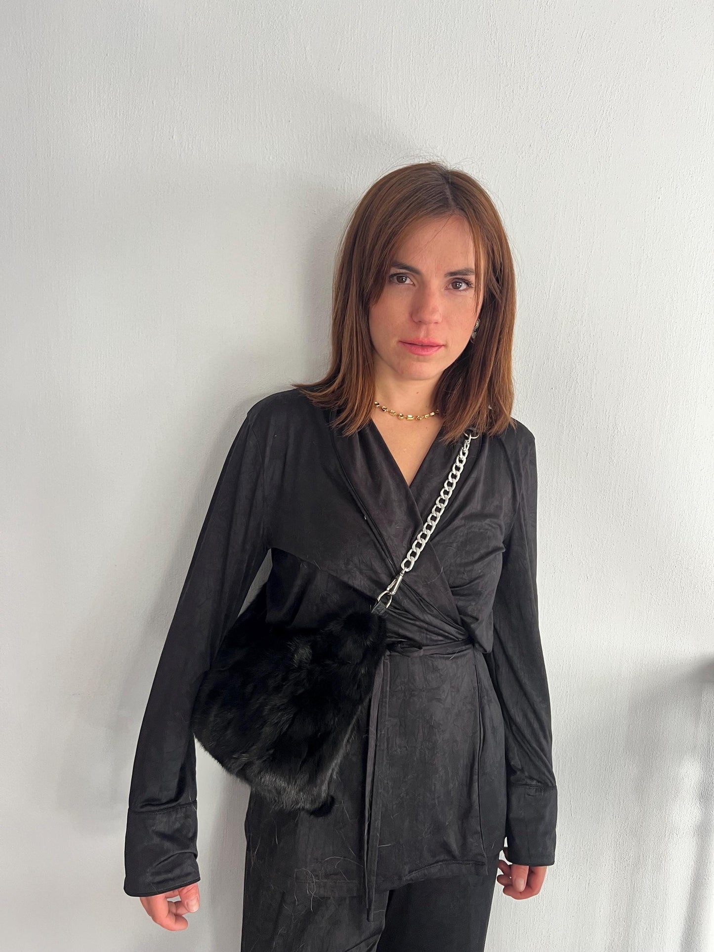Black Mink Fur Tote Bag: Leather & Chain Detail, Handmade
