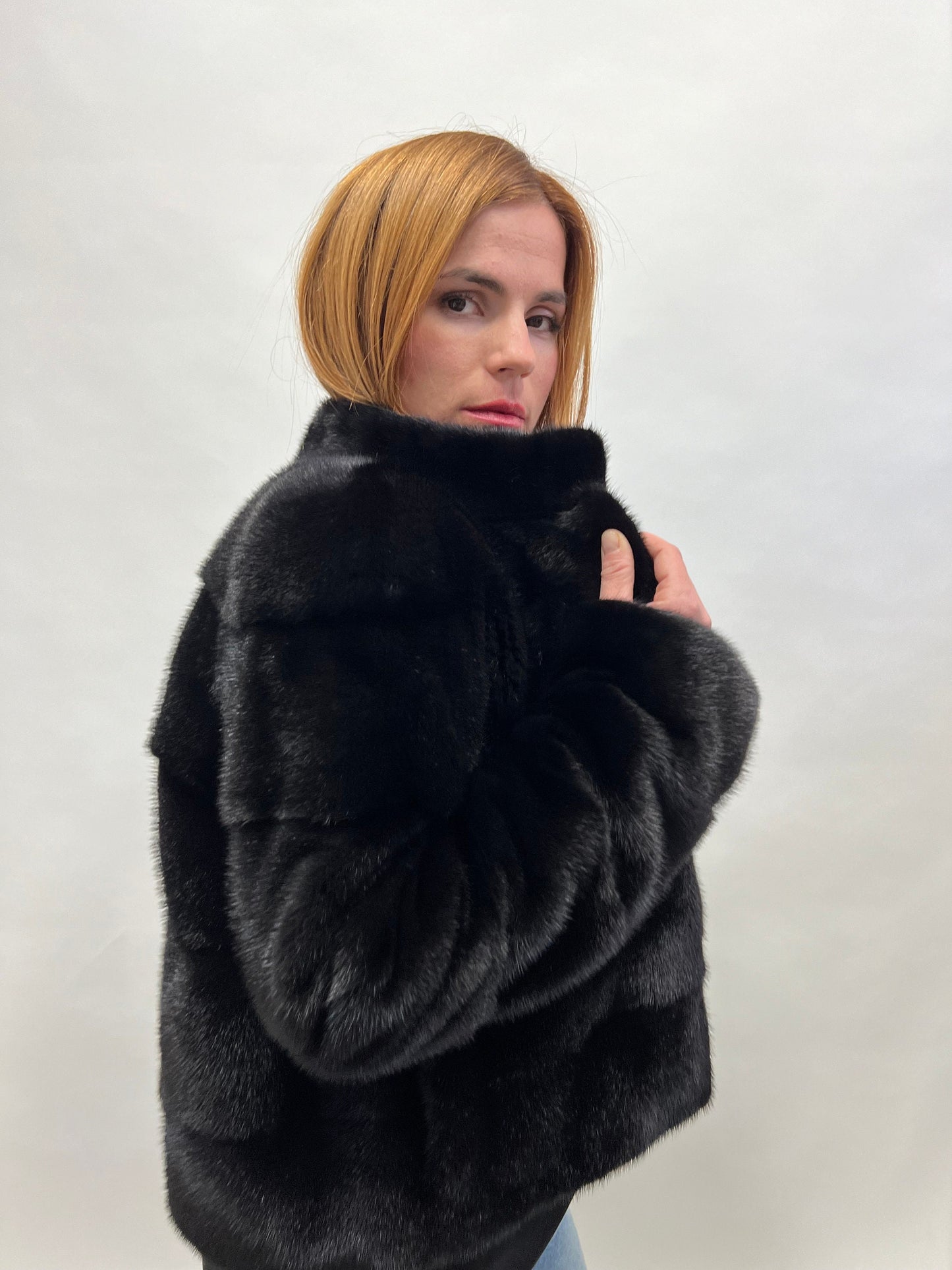 Saga Mink Fur Bolero Jacket: Black Horizontal Collar, Full Skin