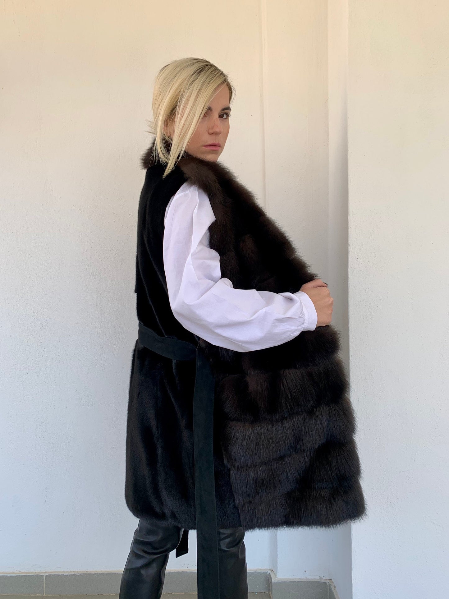 Real Sable Fur Vest: Velvet Mink Back, Suede Belt Trim