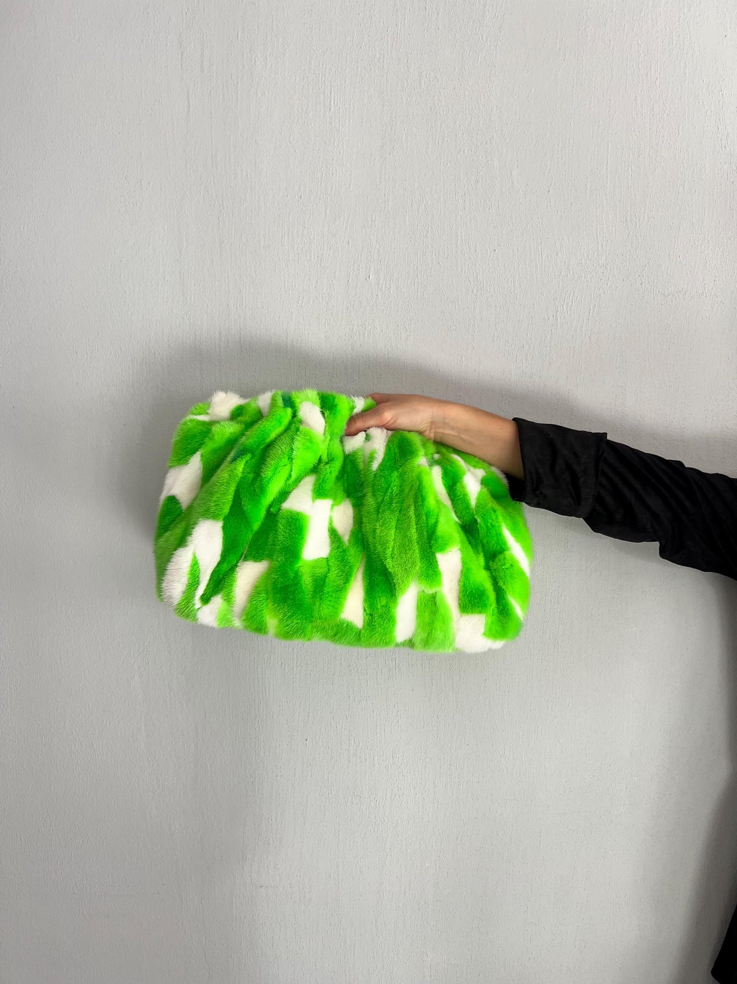 Handmade Mink Fur Shoulder Bag: Green & White Slouchy Crossbody