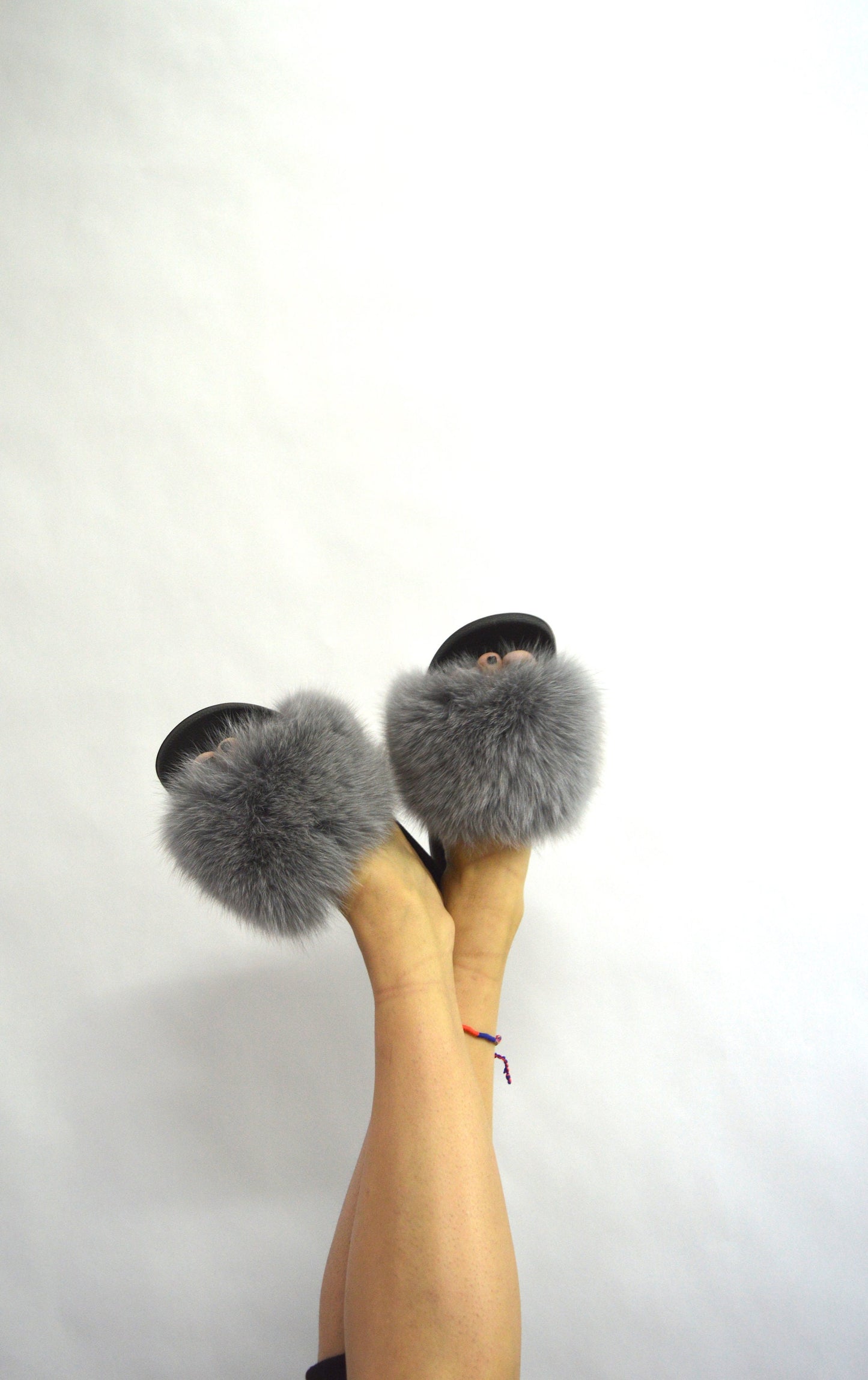 Grey Fox Fur Slides: Fluffy Pool Slippers
